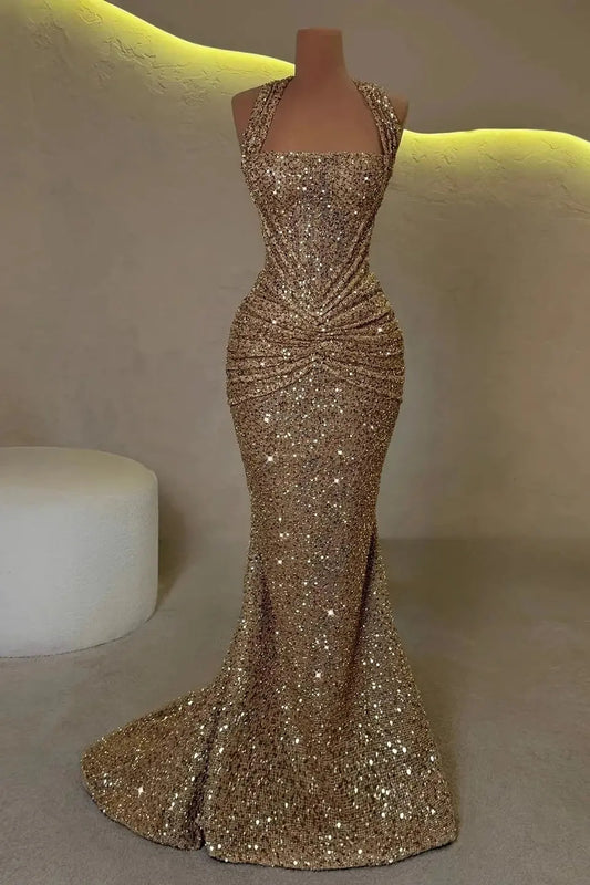 Sparkly Gold Sequin Halter Mermaid Prom Gown With Ruched Sweep Train