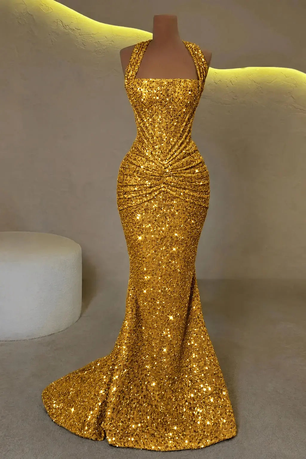 Luxury Mermaid Straps Pleated Sweep Train Corset  Sparkly Prom Dress KAIDRESS