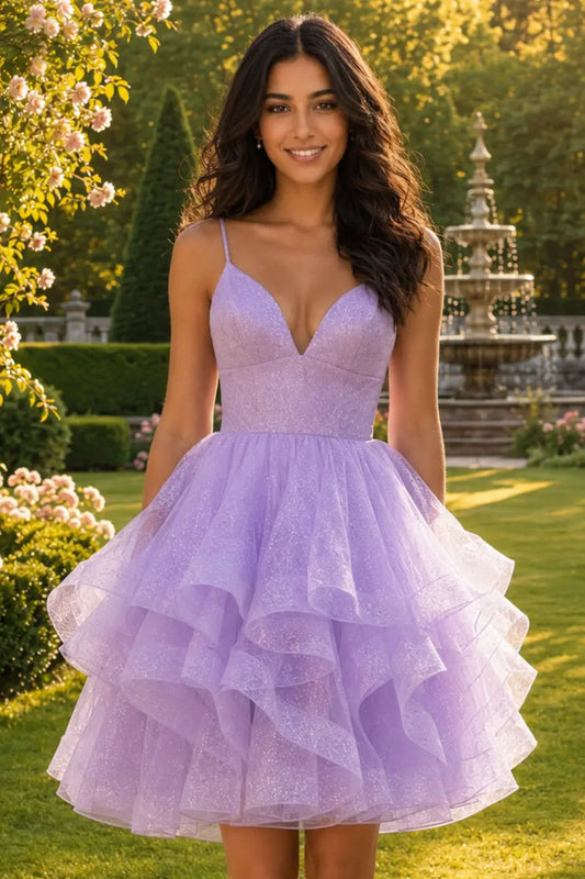 Sparkly Lilac A Line Princess Hoco Dress Short Tulle Party Dress