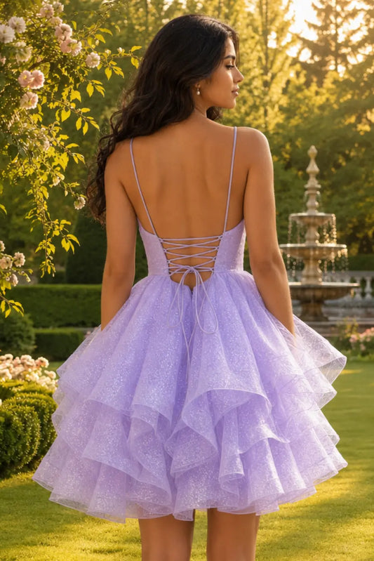 Sparkly Lilac A Line Princess Hoco Dress Short Tulle Party Dress