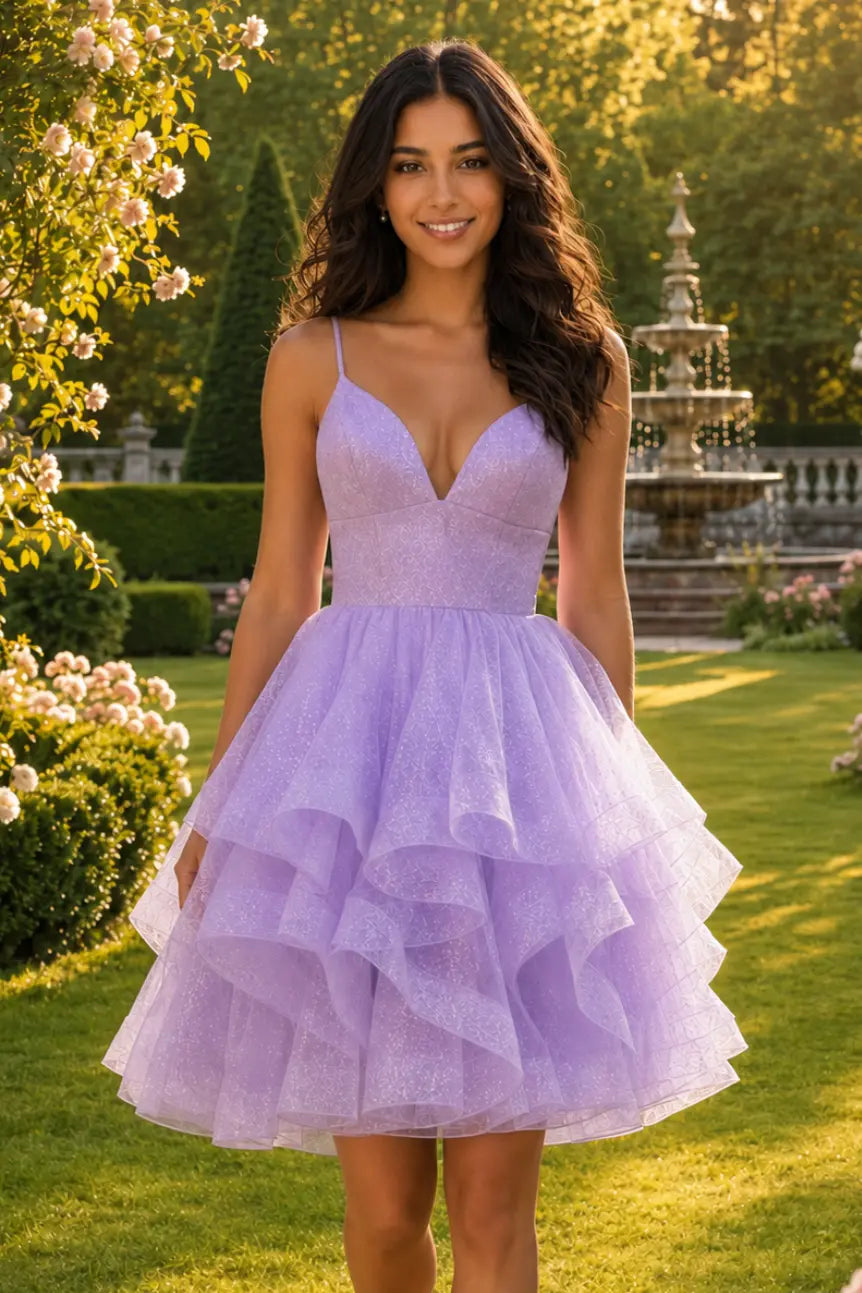 Sparkly Lilac A Line Princess Hoco Dress Short Tulle Party Dress