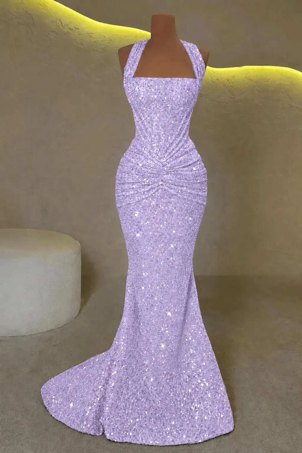 Luxury Mermaid Straps Pleated Sweep Train Corset  Sparkly Prom Dress KAIDRESS