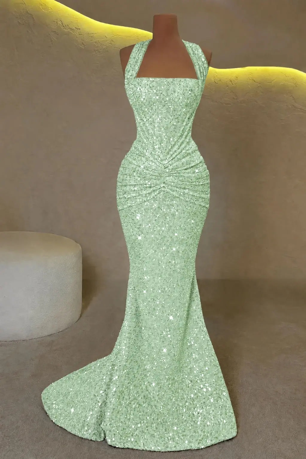 Luxury Mermaid Straps Pleated Sweep Train Corset  Sparkly Prom Dress KAIDRESS
