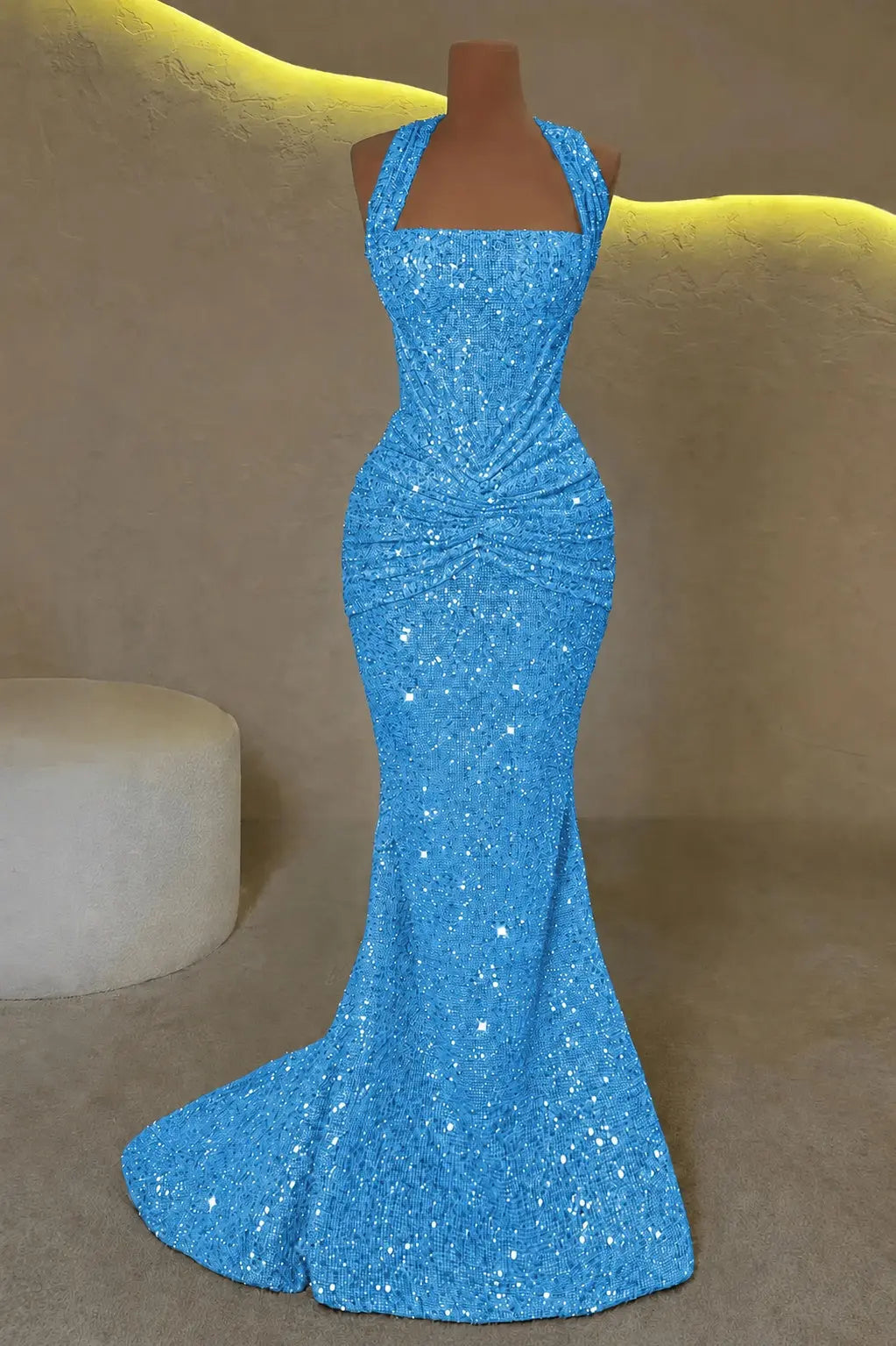 Luxury Mermaid Straps Pleated Sweep Train Corset  Sparkly Prom Dress KAIDRESS