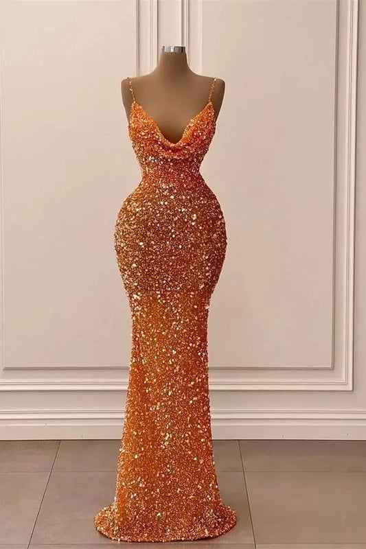 Sparkly Orange Velvet Sequin Cowl-Neck Mermaid Floor-Length Prom Dress