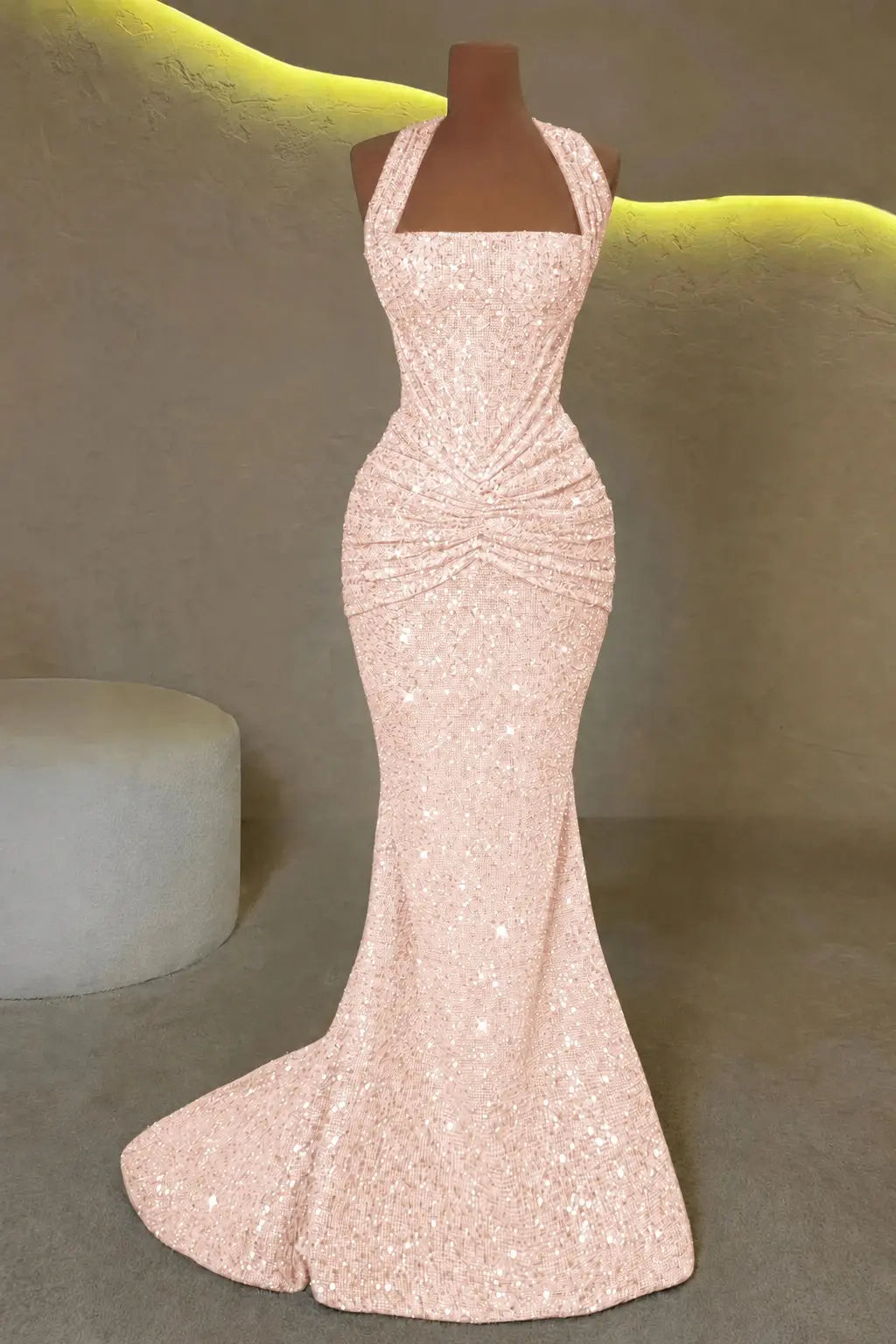 Luxury Mermaid Straps Pleated Sweep Train Corset  Sparkly Prom Dress KAIDRESS