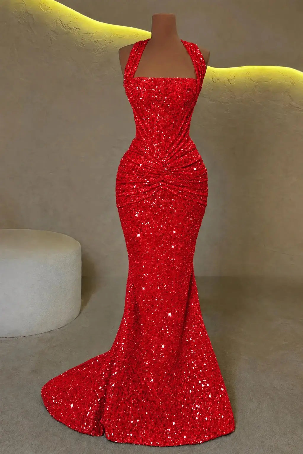 Luxury Mermaid Straps Pleated Sweep Train Corset  Sparkly Prom Dress KAIDRESS
