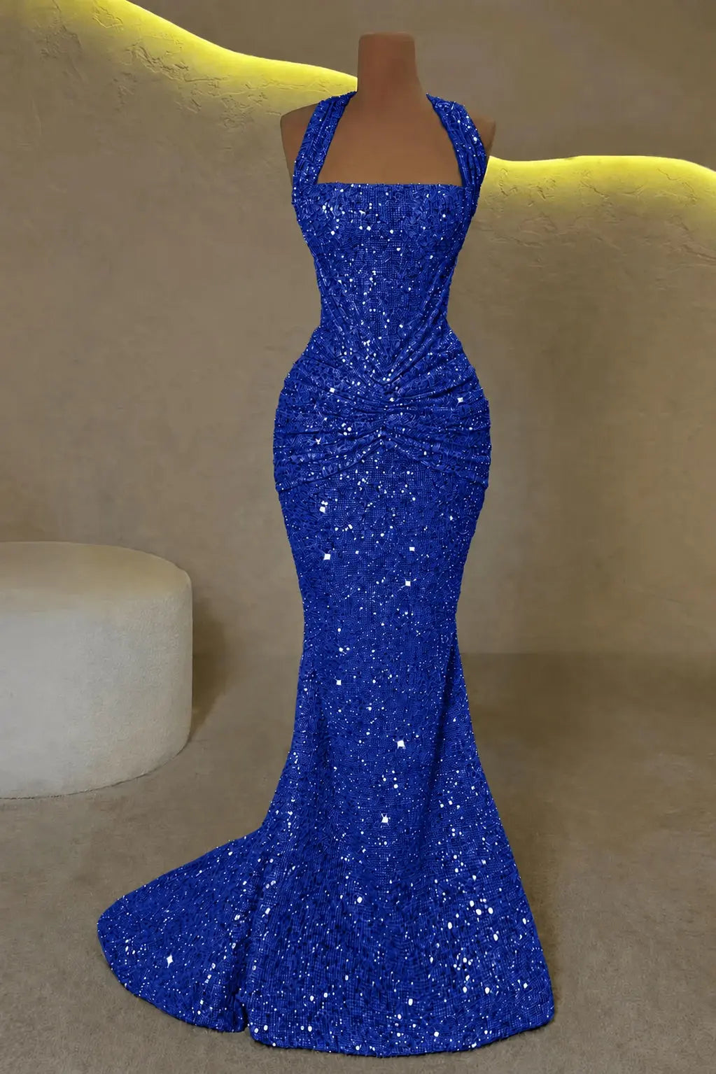 Luxury Mermaid Straps Pleated Sweep Train Corset  Sparkly Prom Dress KAIDRESS