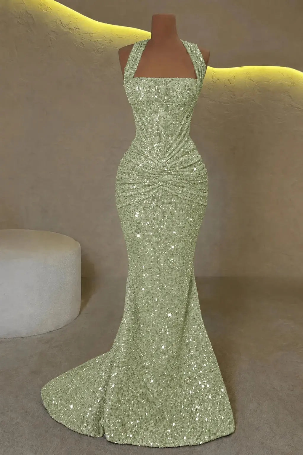 Luxury Mermaid Straps Pleated Sweep Train Corset  Sparkly Prom Dress KAIDRESS