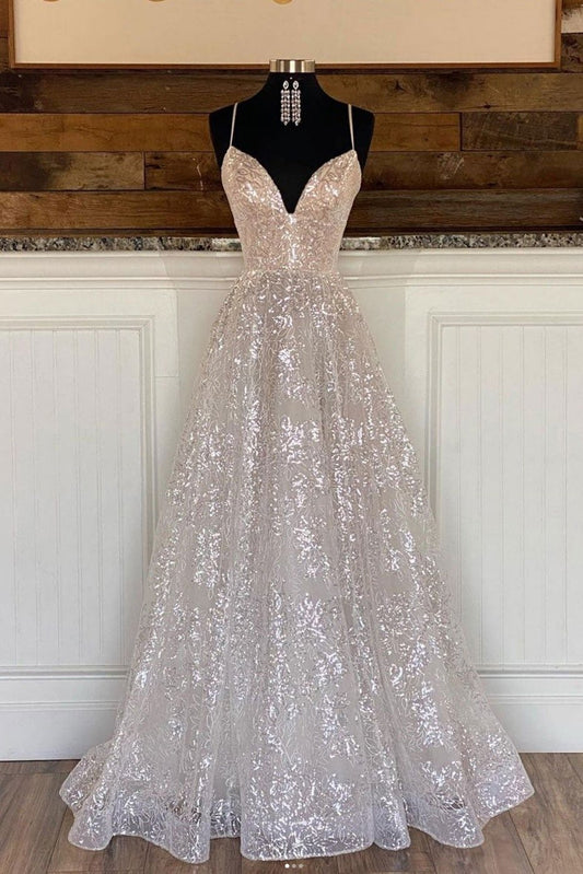 Sparkly Silver Formal Prom Dresses Long Halter Princess Evening Gowns