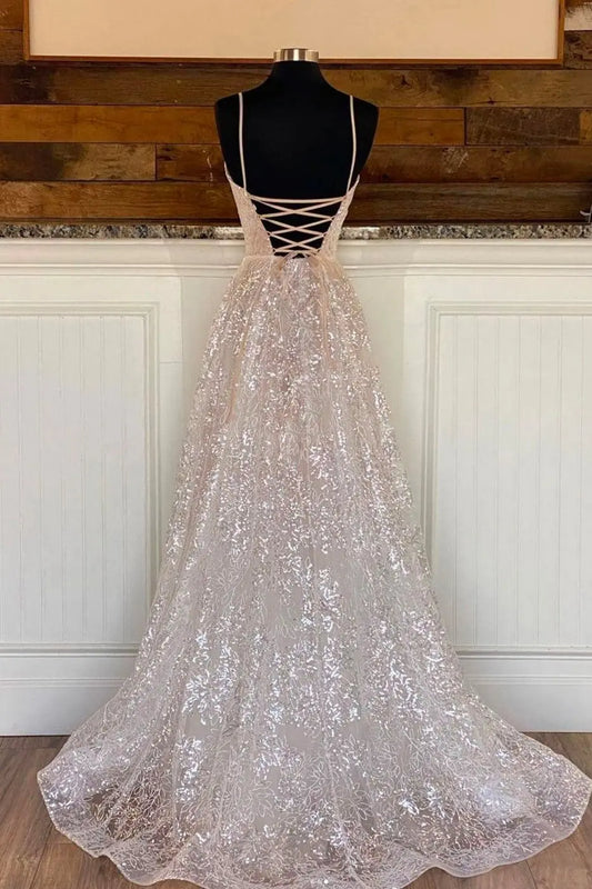 Sparkly Silver Formal Prom Dresses Long Halter Princess Evening Gowns
