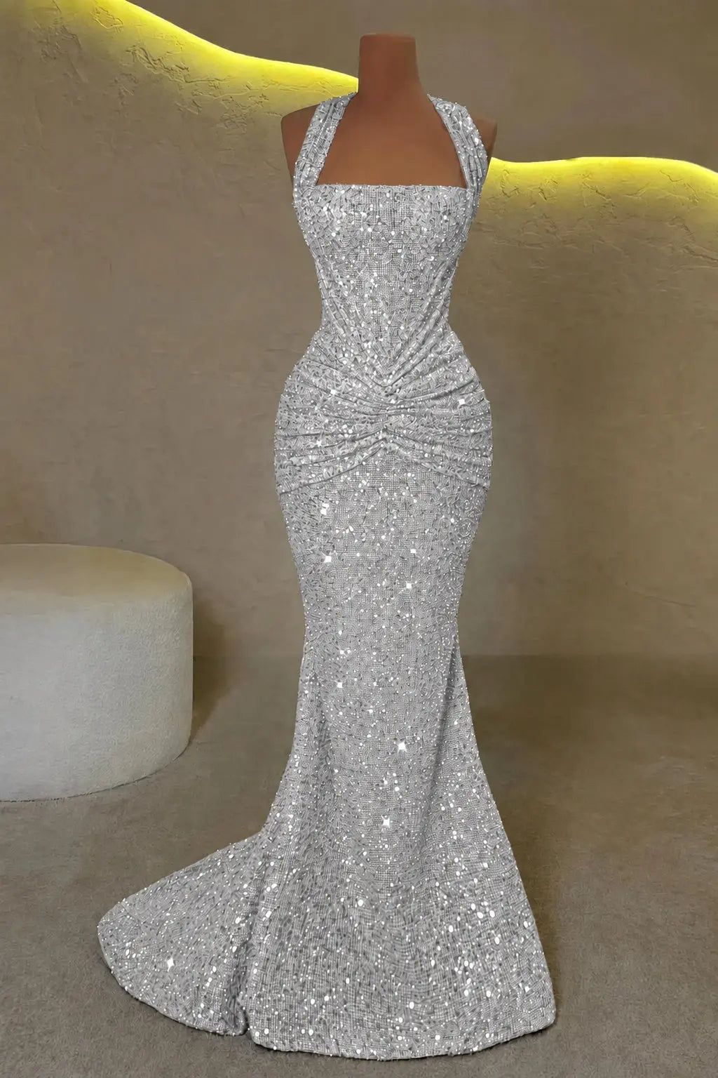Luxury Mermaid Straps Pleated Sweep Train Corset  Sparkly Prom Dress KAIDRESS