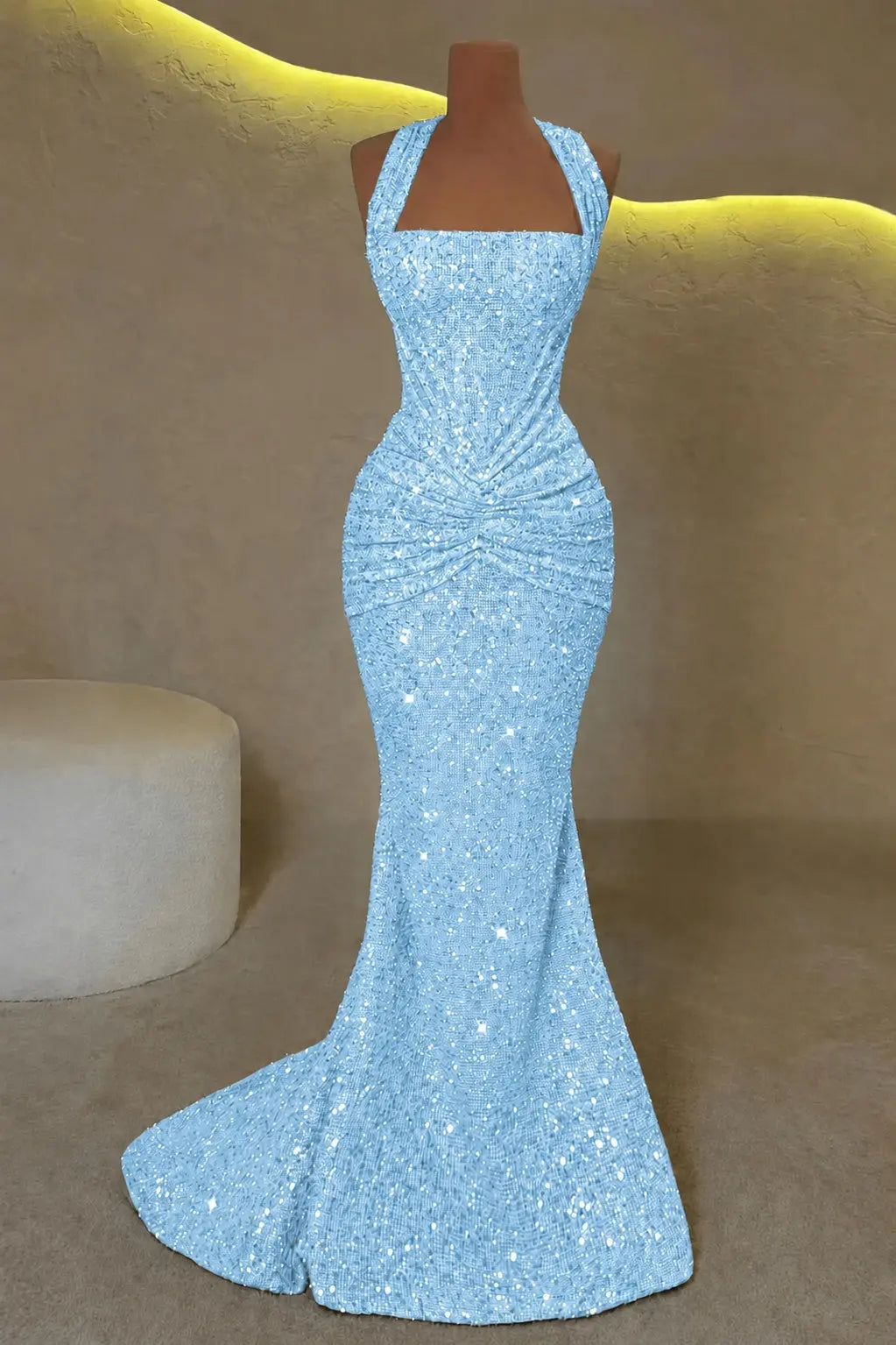 Luxury Mermaid Straps Pleated Sweep Train Corset  Sparkly Prom Dress KAIDRESS