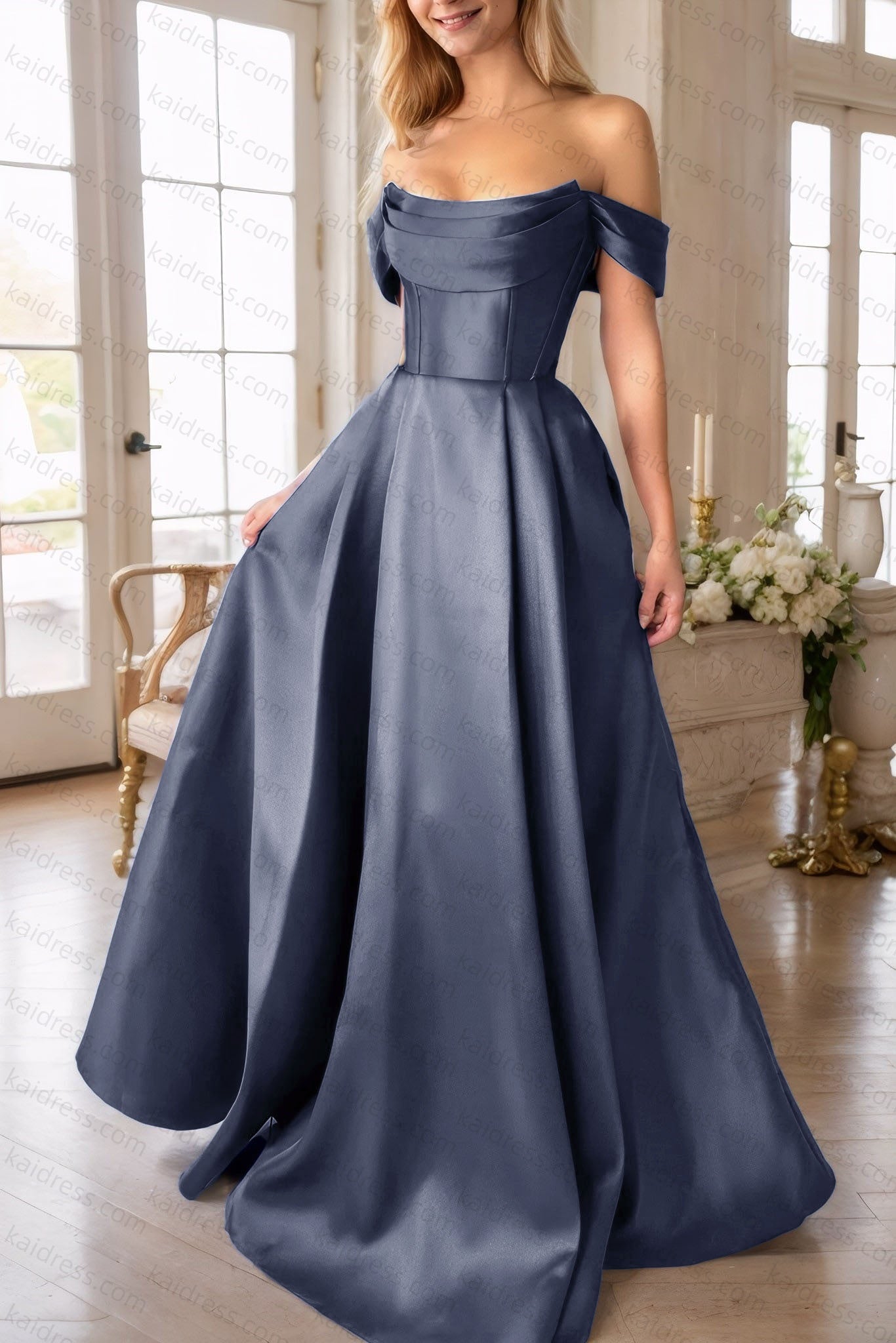 A-Line Satin Long Prom Dress, Simple Off the Shoulder Evening Party Dress With Pockets