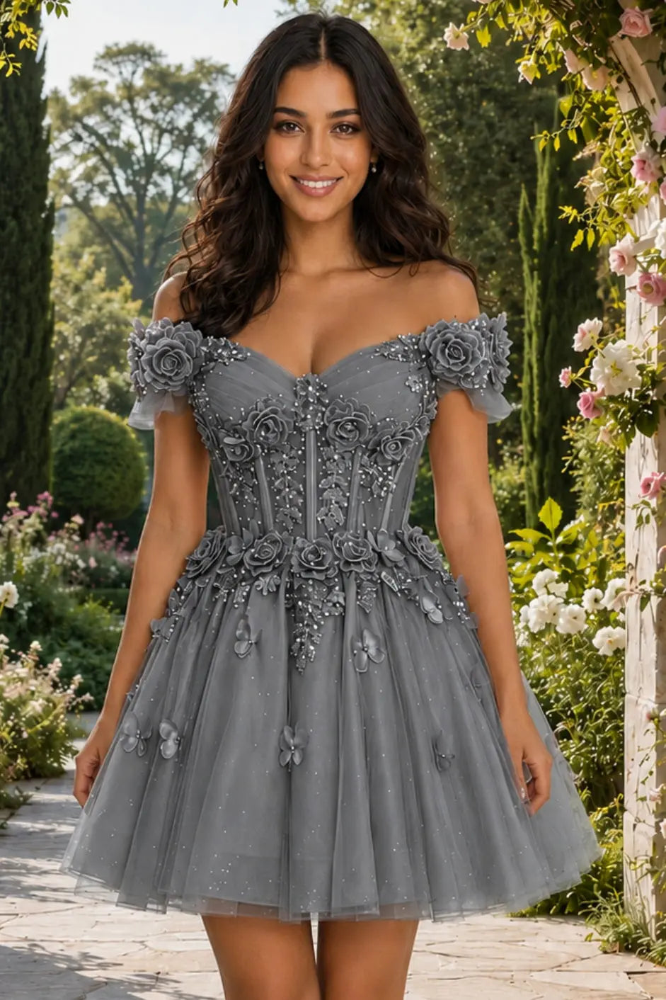 A-line Off-the-Shoulder Tulle Short/Mini Homecoming Dress with Appliqued Flowers Sequins KAIDRESS