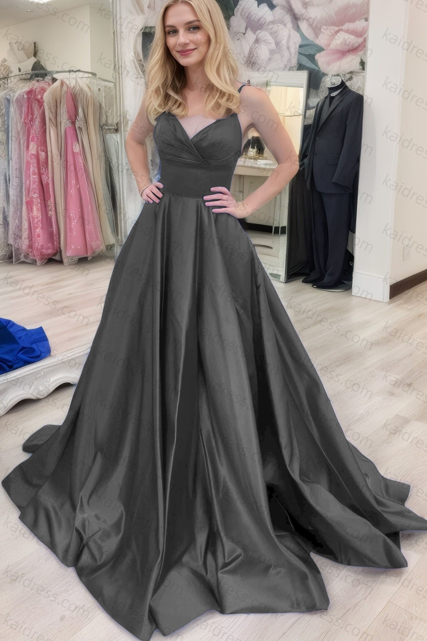 A-line V Neck Sleeveless Court Train Satin Prom Dresses With Bowknot Pleated Waistband