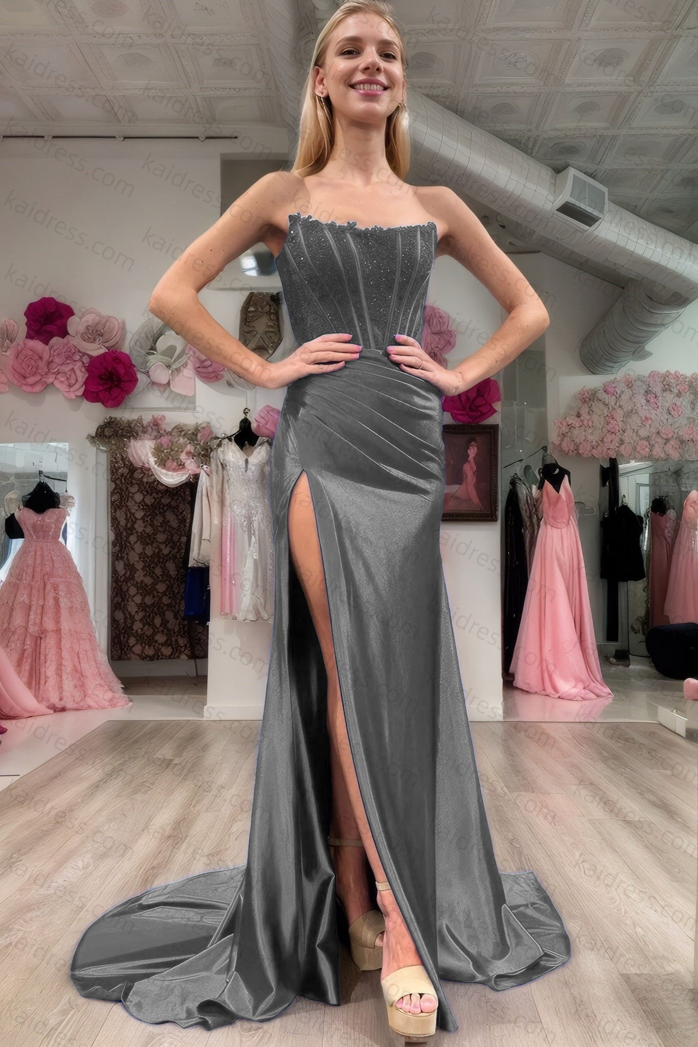 Sheath/Column Elastic Woven Satin Ruched Off-the-Shoulder Sleeveless Sweep/Brush Train Prom Dresses