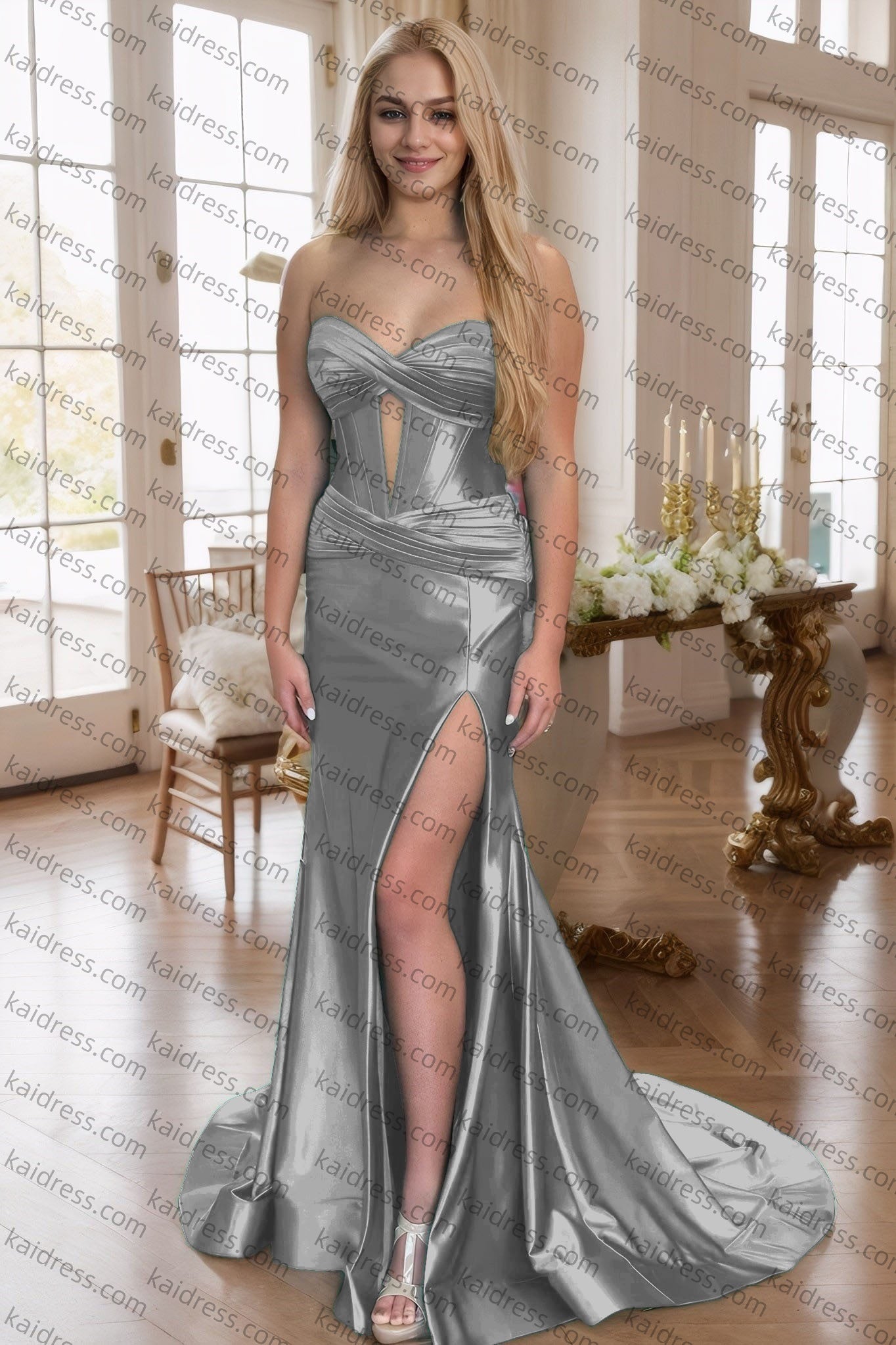 Green Silk Strapless Mermaid Prom Dresses Long Formal Evening Gown with Slit