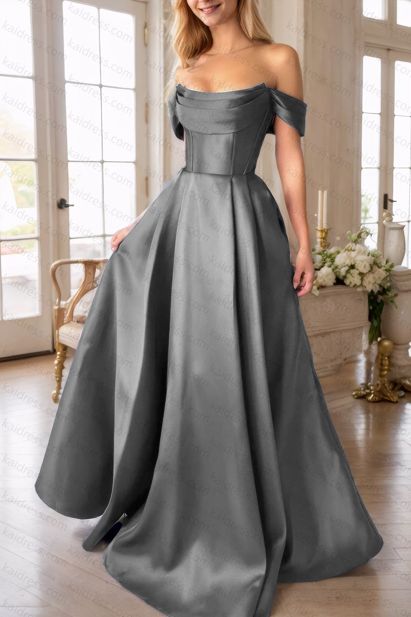 A-Line Satin Long Prom Dress, Simple Off the Shoulder Evening Party Dress With Pockets