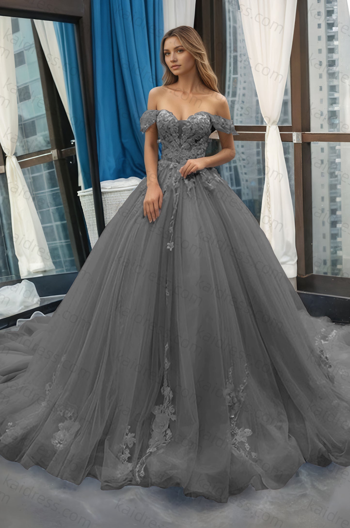 A-Line Off the Shoulder Tulle Applique Long Quinceañera Dresses Blue Formal Prom Dress