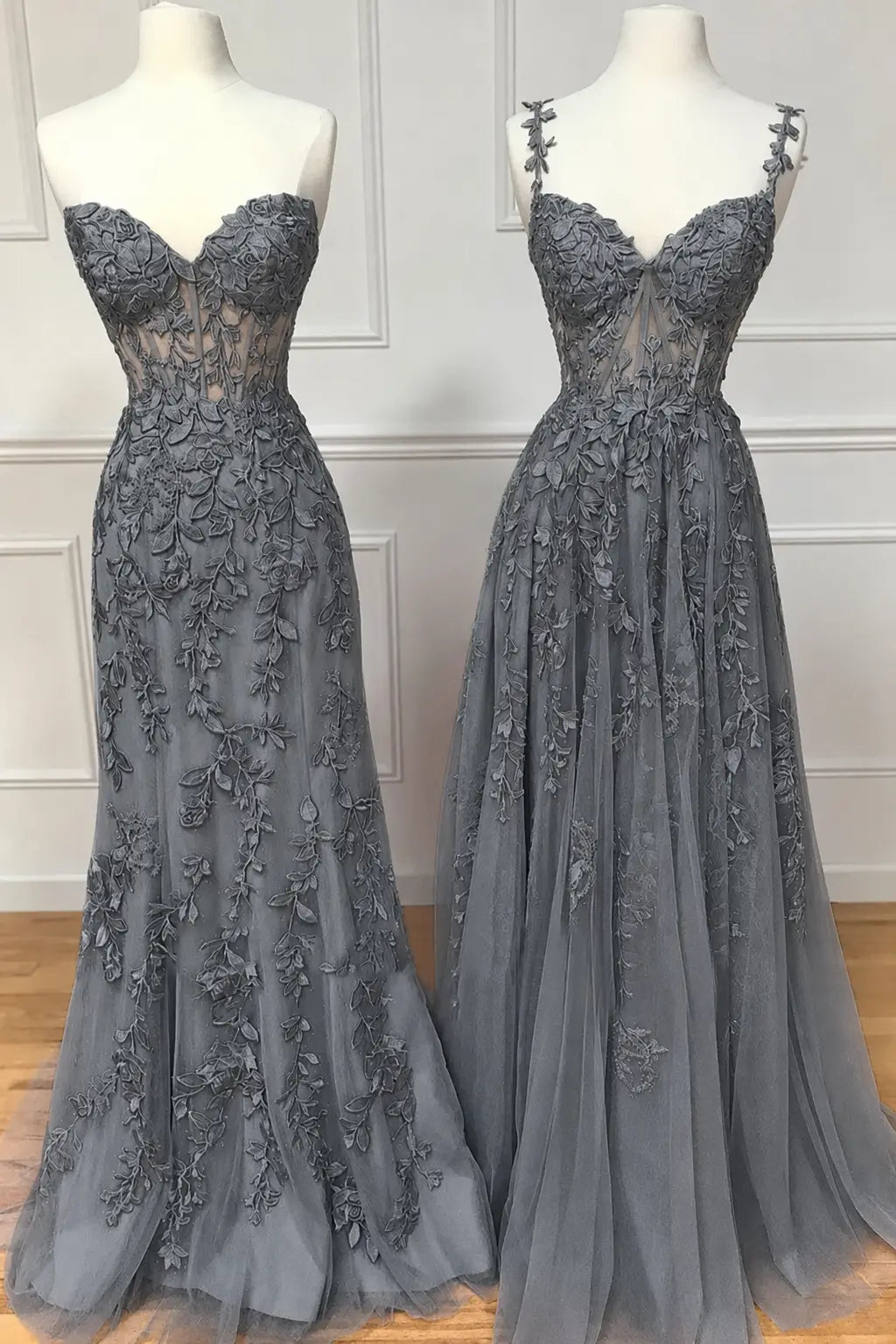 A-line Sweetheart Spaghetti Straps Sweep Train Lace Prom Dress With Beading Kaidress