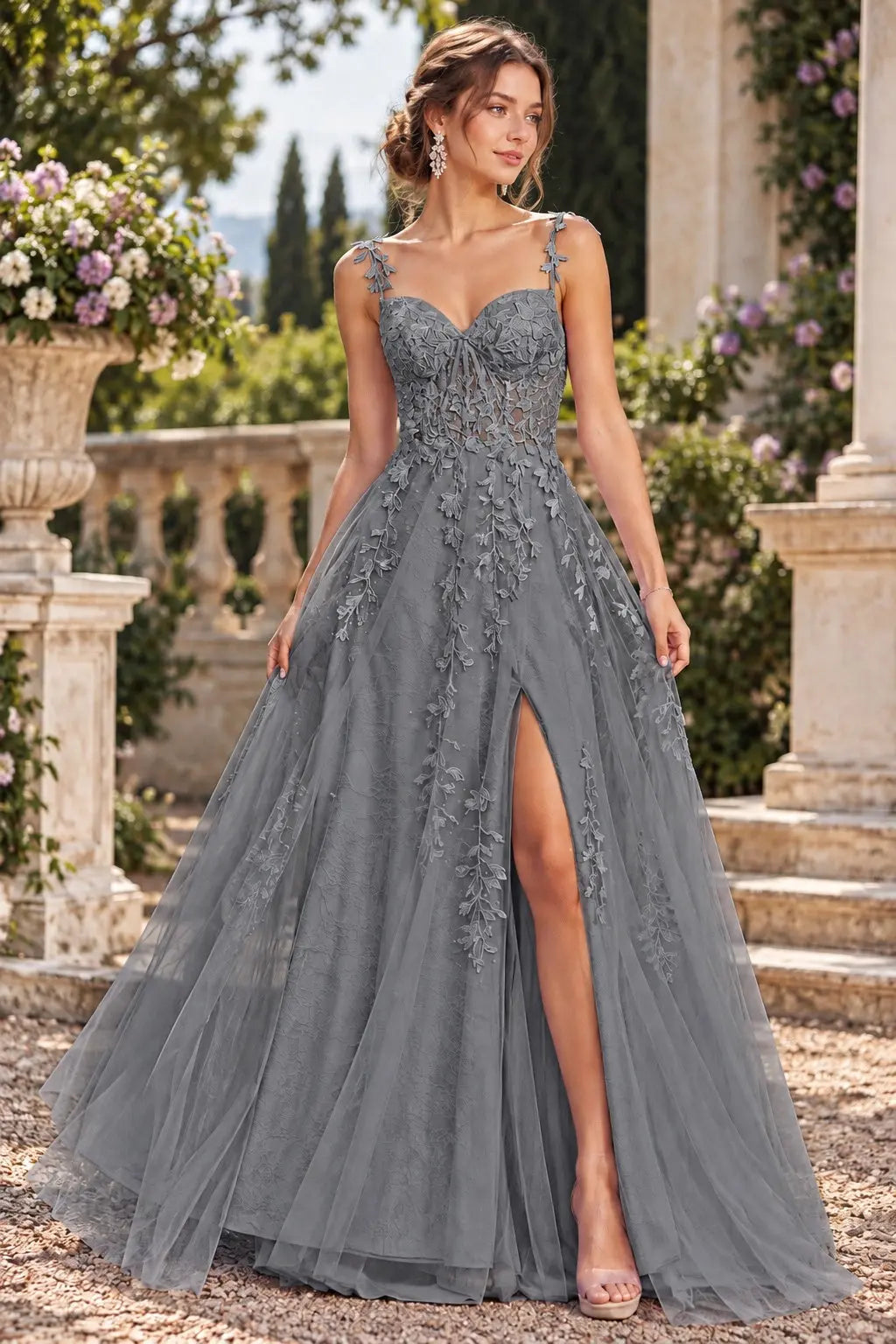 A-line V Neck Sweep Spaghetti Straps Train Tulle Prom Dress with Appliqued Beading