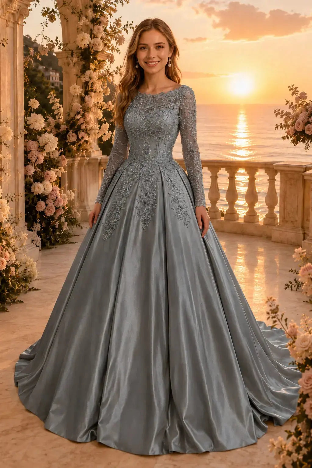 Ball Gown Long Sleeves Off-the-Shoulder Chapel Train Applique Satin Prom Dresses Kaidress