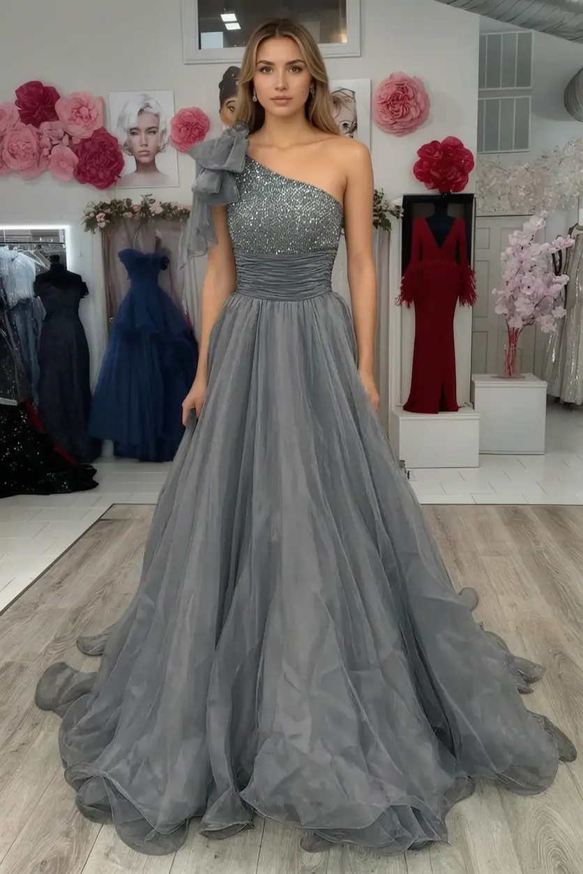 A Line Sparkly Sky Blue One Shoulder Long Prom Dress with Beading KAIDRESS