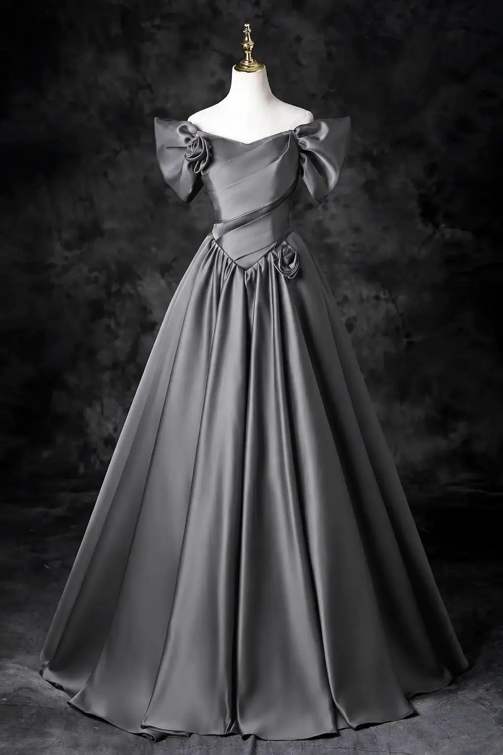 A-Line/Princess Satin Floor Length Formal Prom Dress, Off the Shoulder Prom Gown KAIDRESS