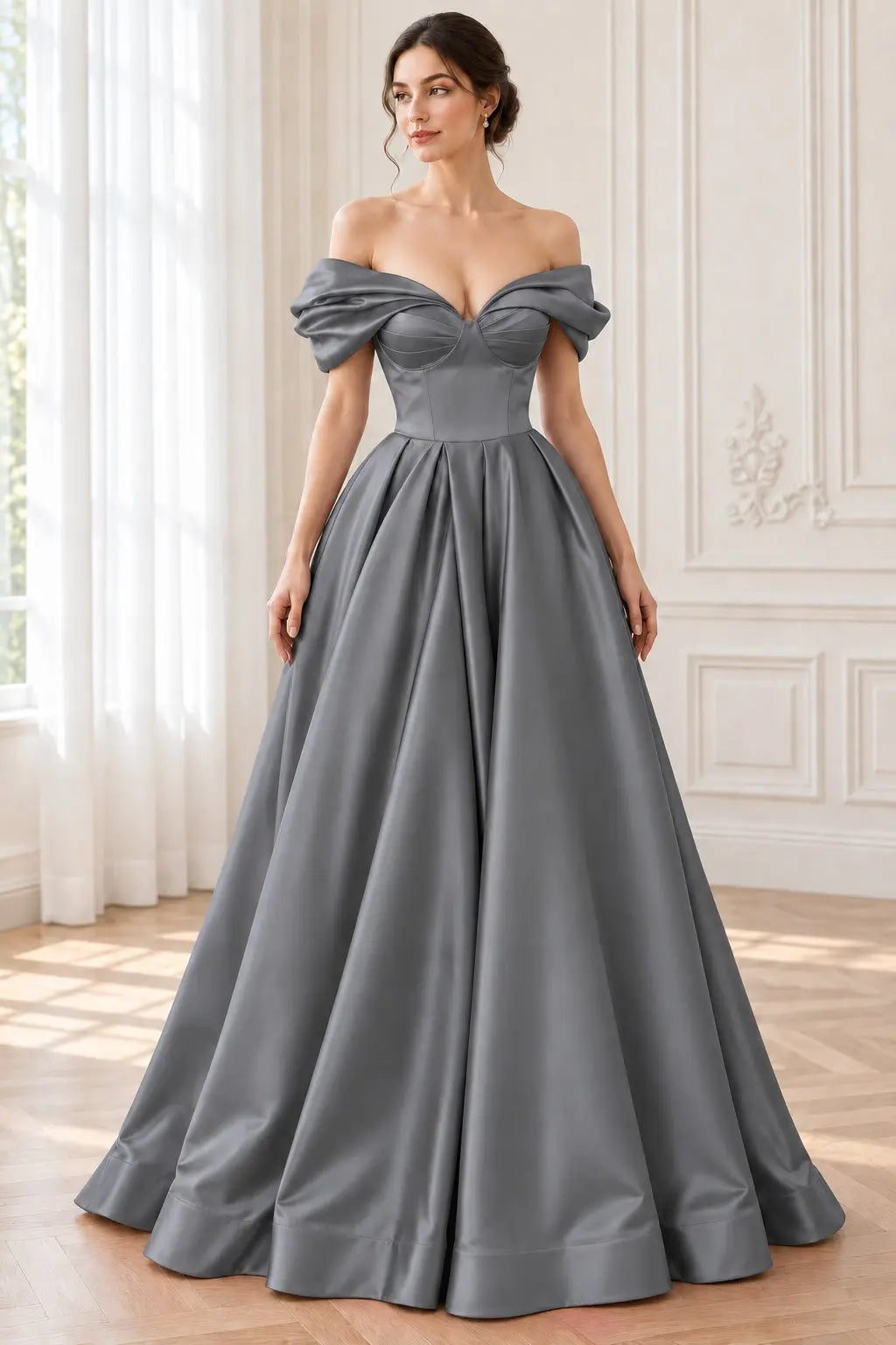 A-line Off-the-Shoulder Short Sleeve Satin Long/Floor-Length Prom Dresses With Ruffles Split
