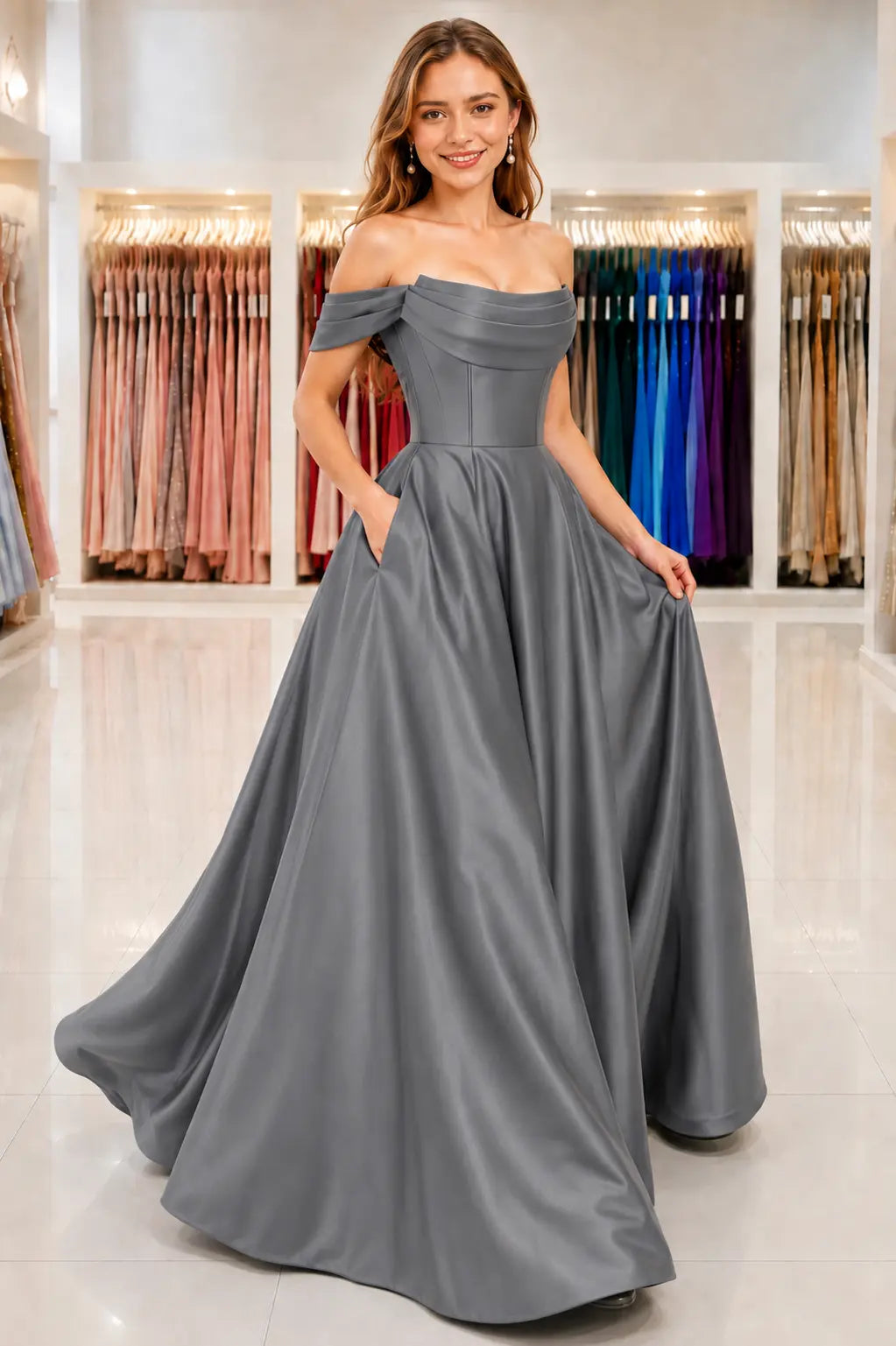 A-Line Satin Long Prom Dress, Simple Off the Shoulder Evening Party Dress With Pockets KAIDRESS