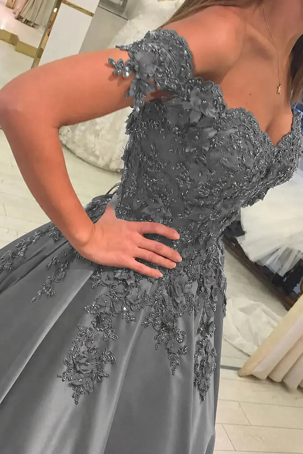 Appliqued Off-The-Shoulder Satin Princess Prom Dress With Beads