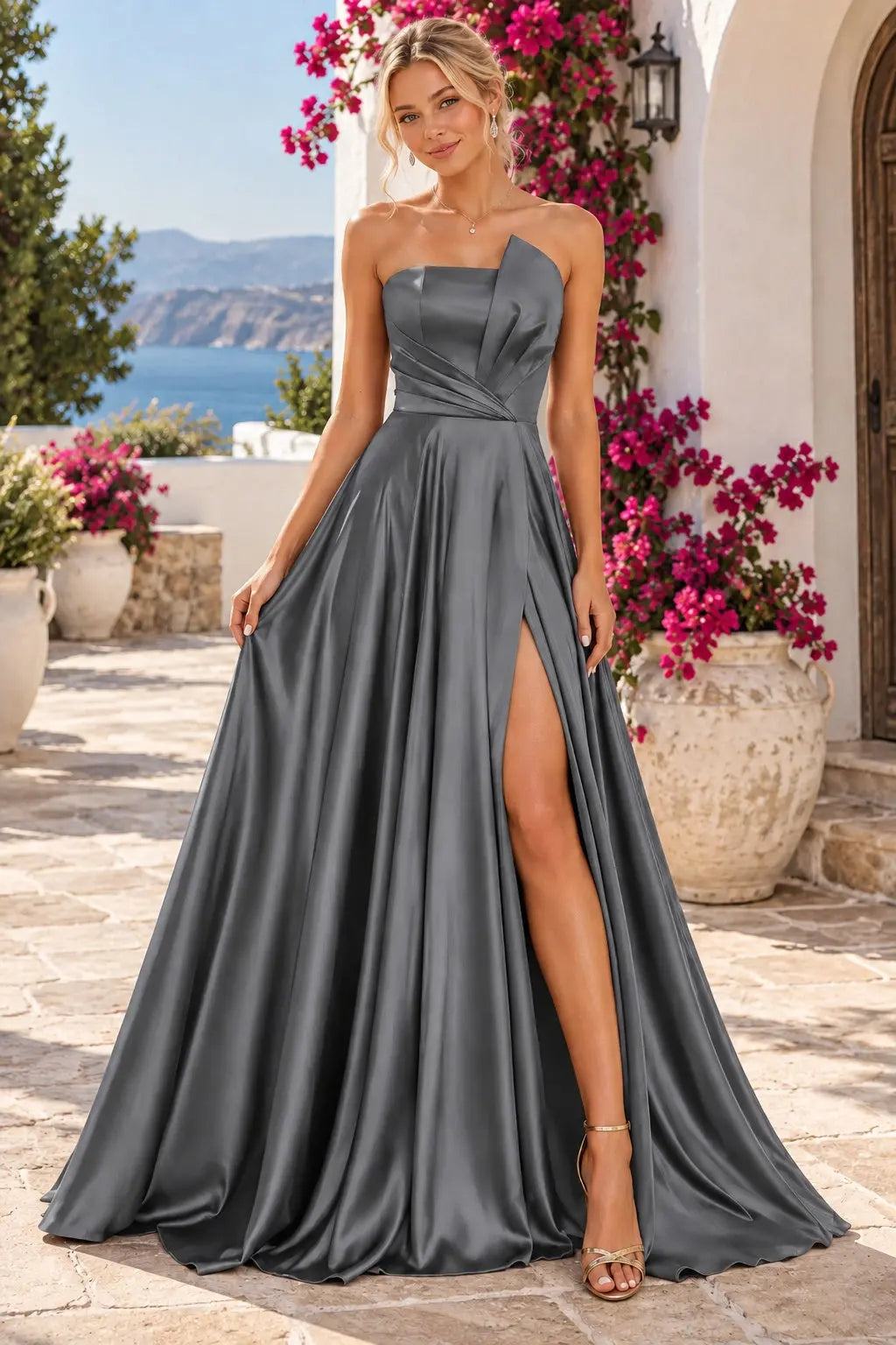 A-line Satin Formal Long Simple Sleeveless Prom Dresses with Slit