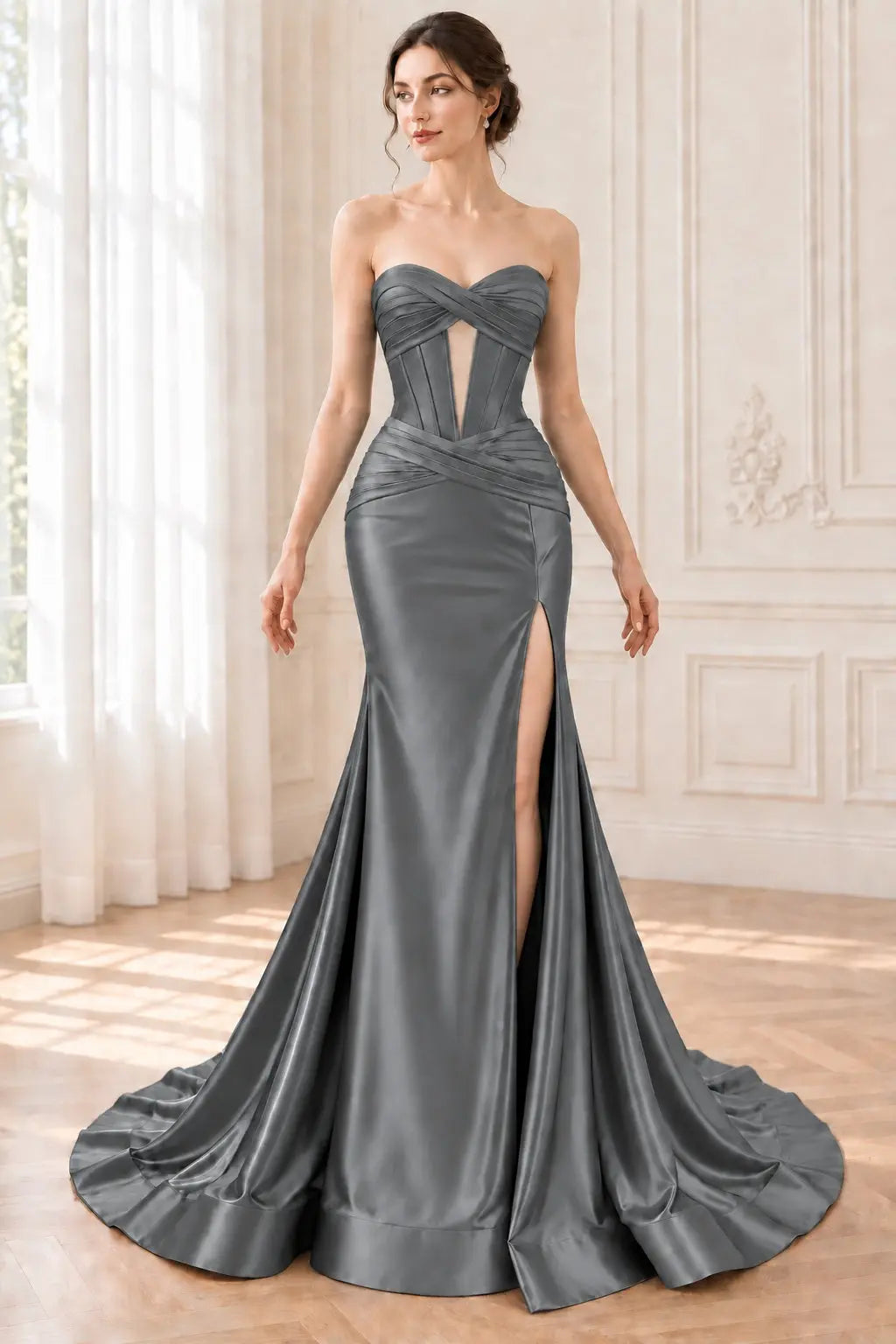 Green Silk Strapless Mermaid Prom Dresses Long Formal Evening Gown with Slit