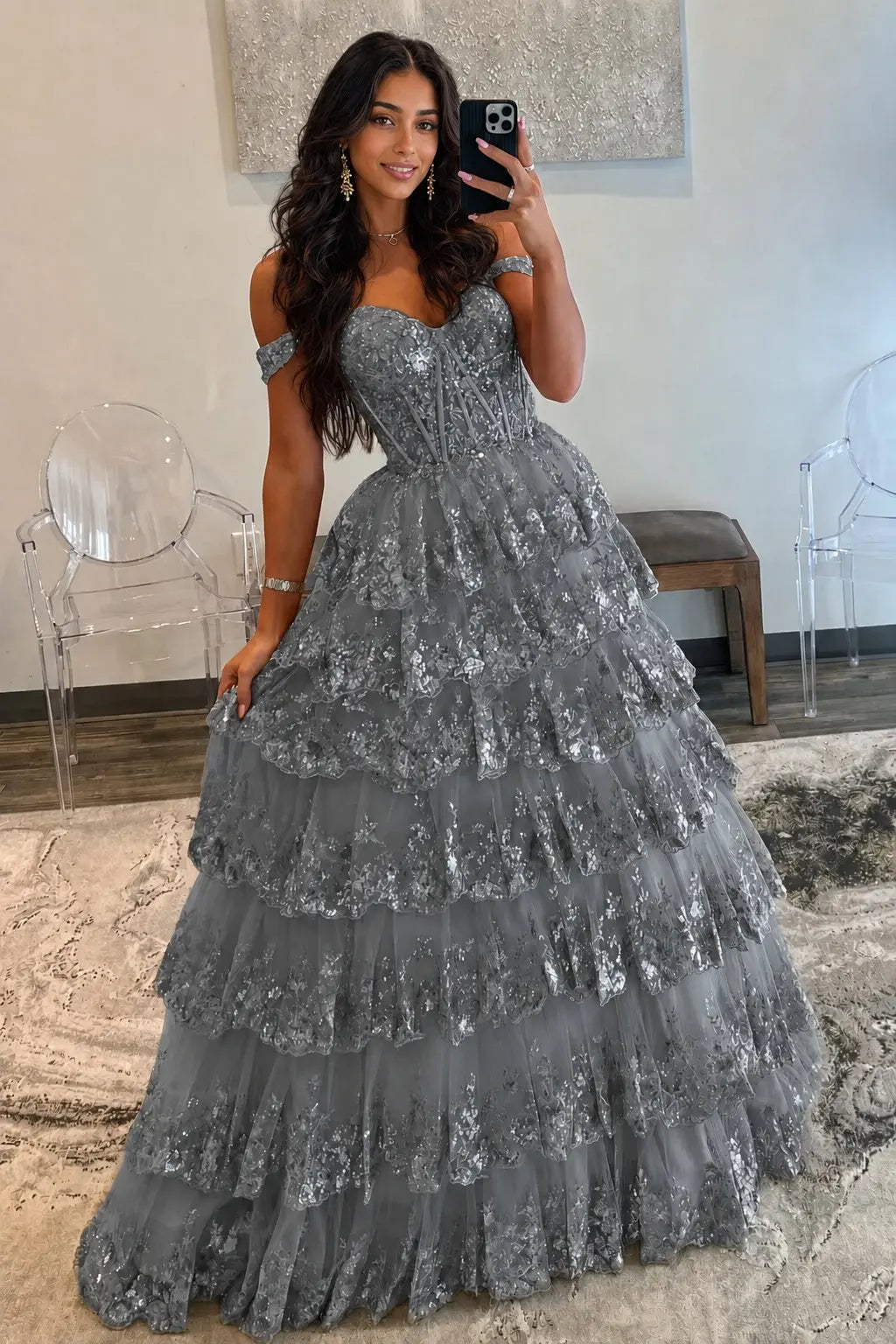 A-Line/Princess Princess Off the Shoulder Sequined Lace Prom Dress KAIDRESS