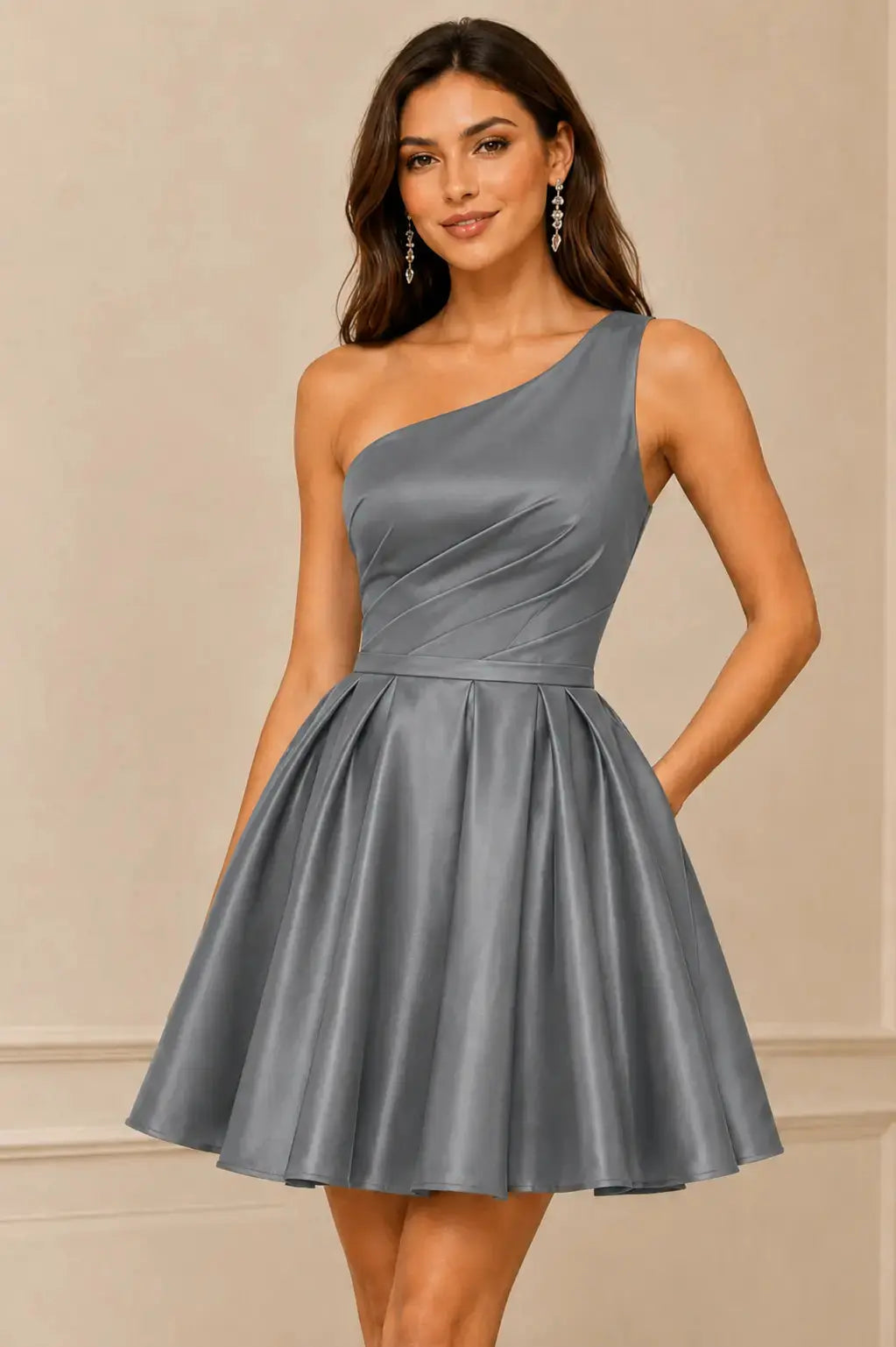 Green One Shoulder Satin Mini A Line Homecoming Dress With Pockets KAIDRESS
