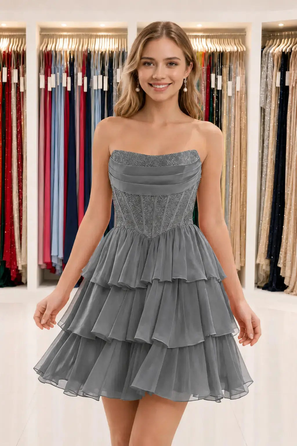 Daffodil Strapless Corset Tiered Ruffle Mini Homecoming Dress With Beading KAIDRESS