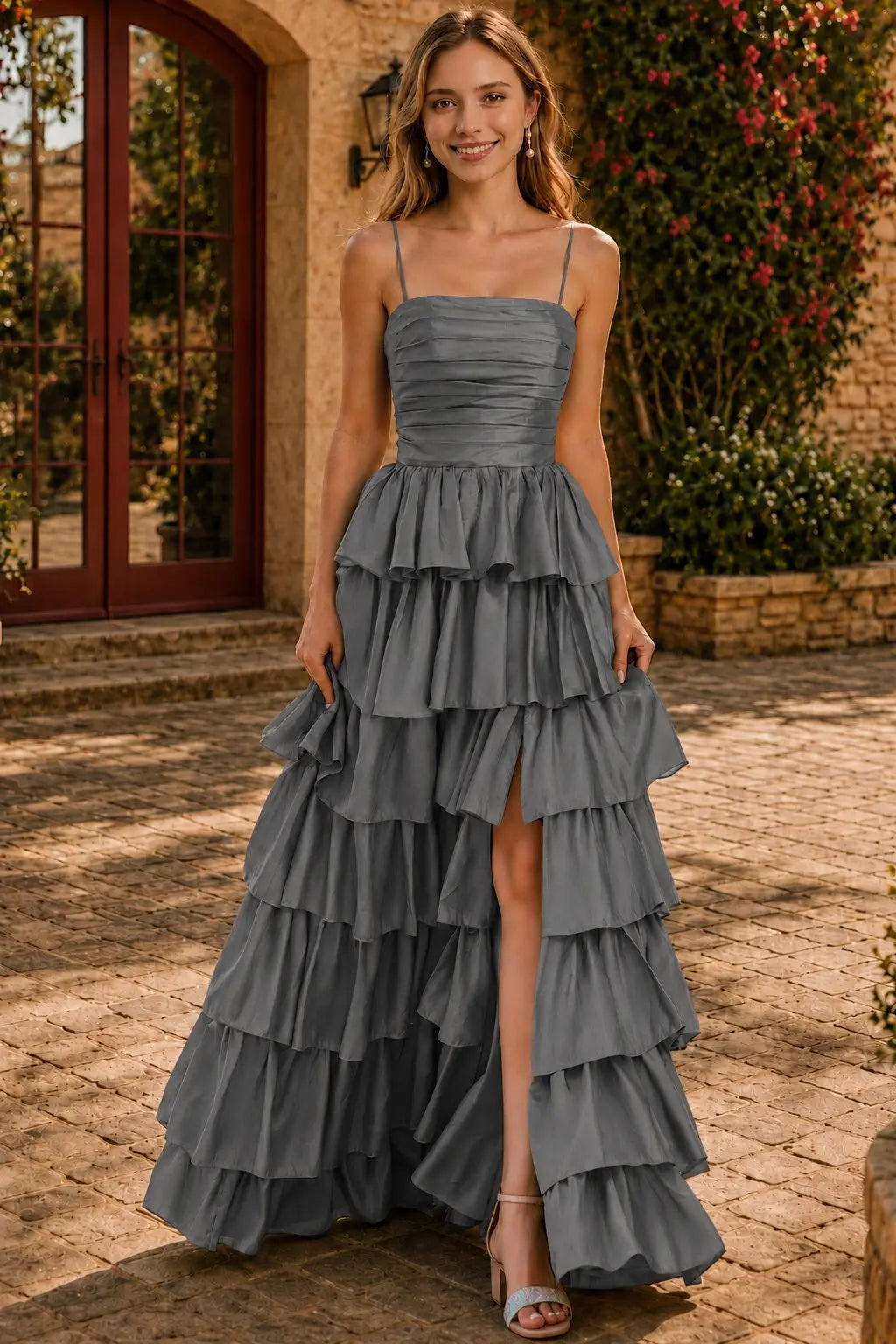 A-line Square Neckline Spaghetti Straps Floor-Length Taffeta Prom Dress with Ruffles Slit KAIDRESS