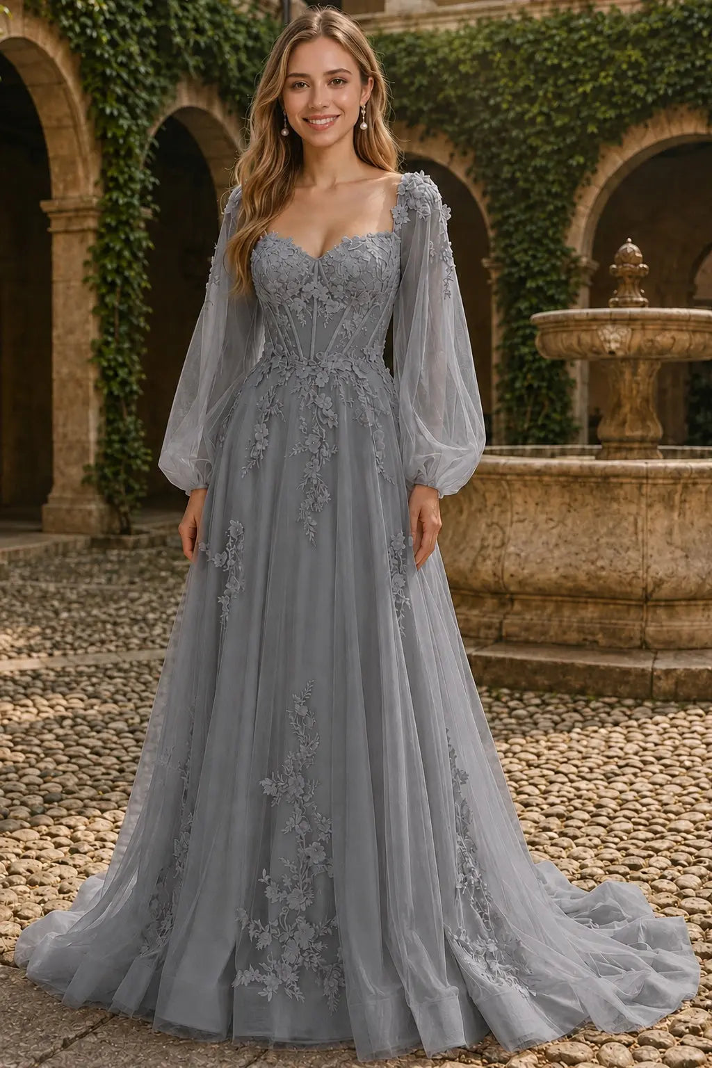 A-line 3D Floral Lace Applique Tulle Long Sleeves Prom Dress