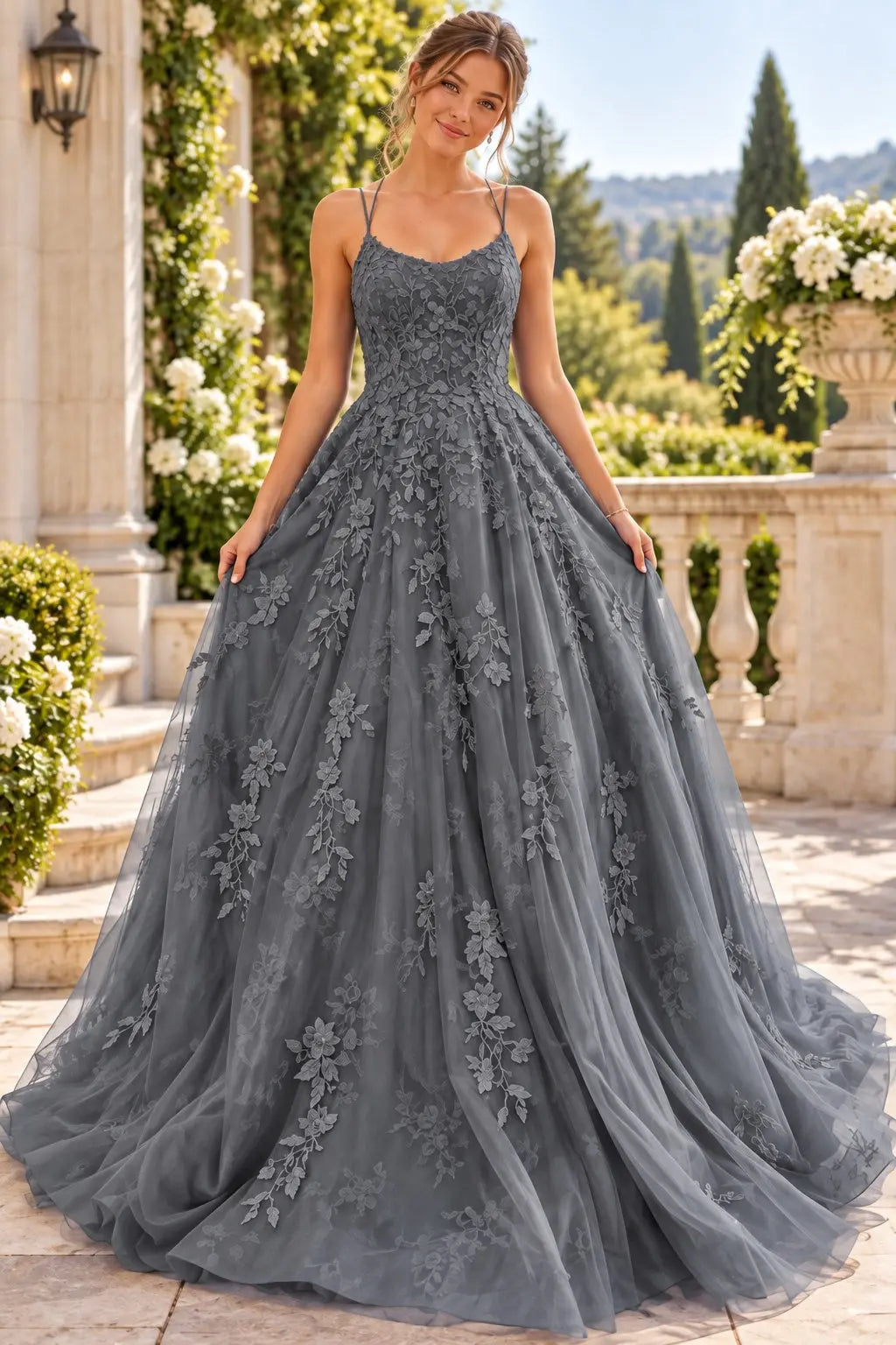 A-line Bateau Neckline Spaghetti Straps Long/Sweep Train Tulle Lace Prom Dresses