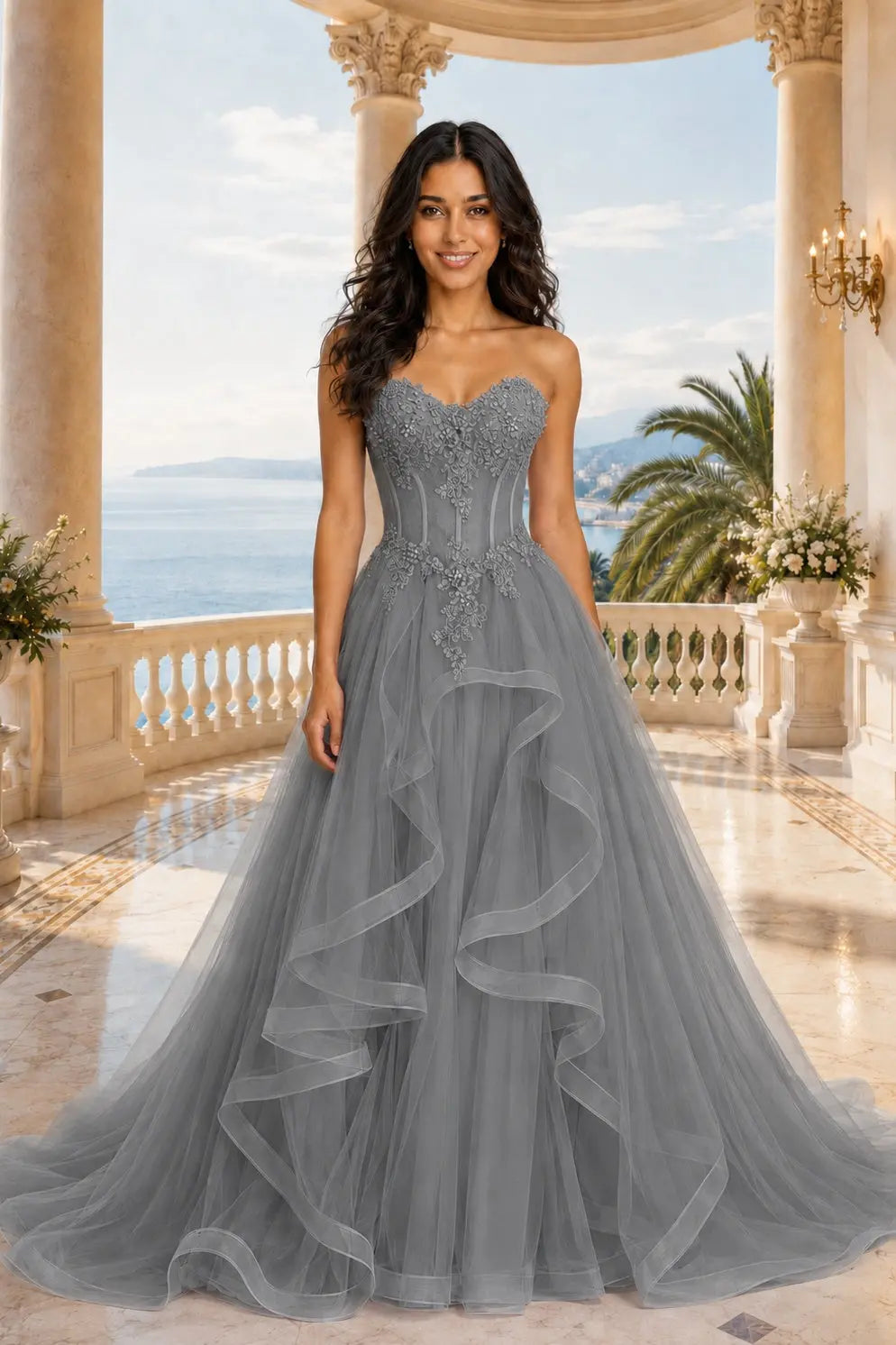 A-line/Princess Sweetheart Sleeveless Sweep Train Tulle Prom Dresses With Beading Appliqued KAIDRESS