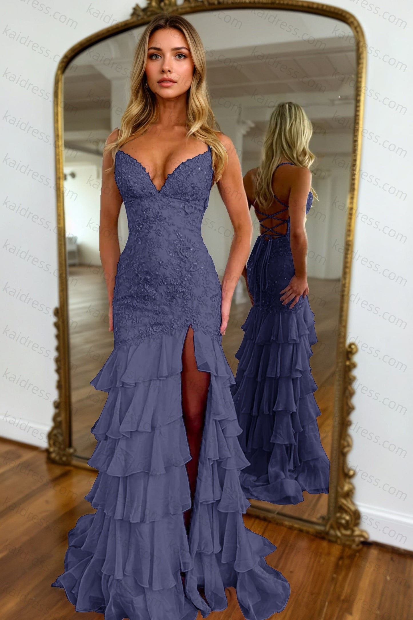 Mermaid Sparkly Lilac Lace Appliques Sheath Tiered Long Chiffon Prom Dress with Slit