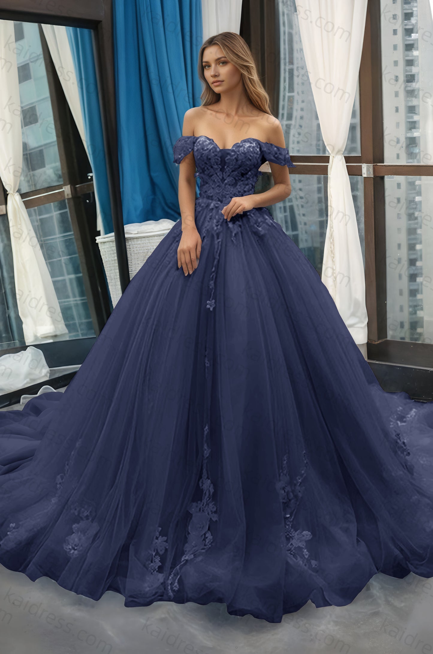 A-Line Off the Shoulder Tulle Applique Long Quinceañera Dresses Blue Formal Prom Dress