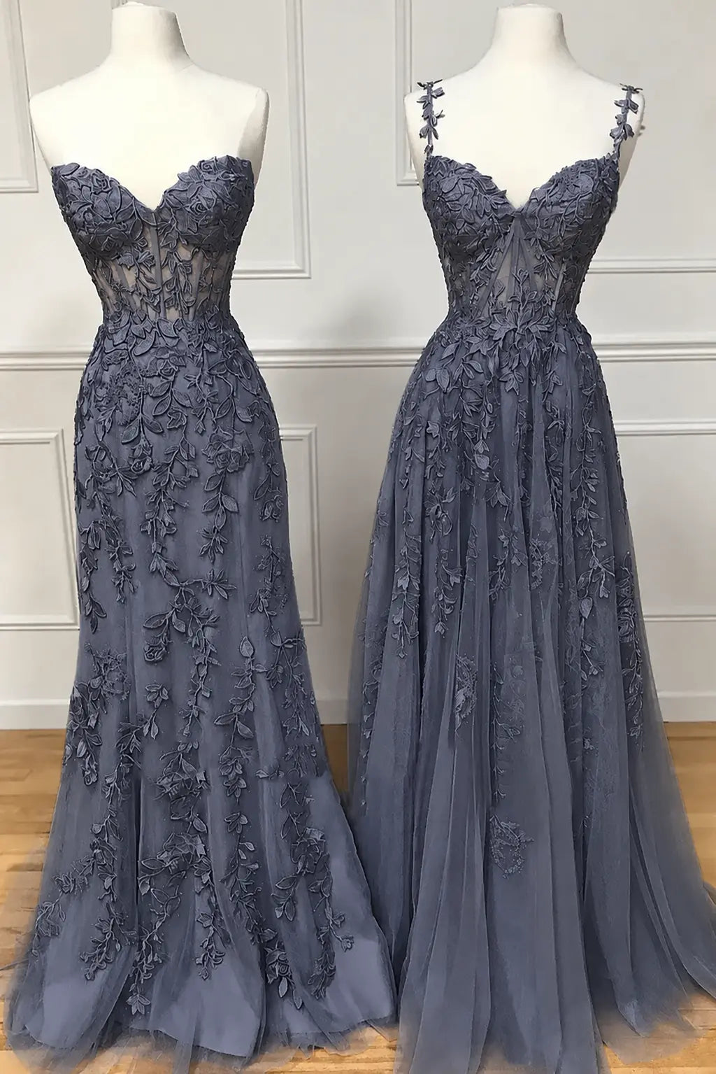 A-line Sweetheart Spaghetti Straps Sweep Train Lace Prom Dress With Beading Kaidress
