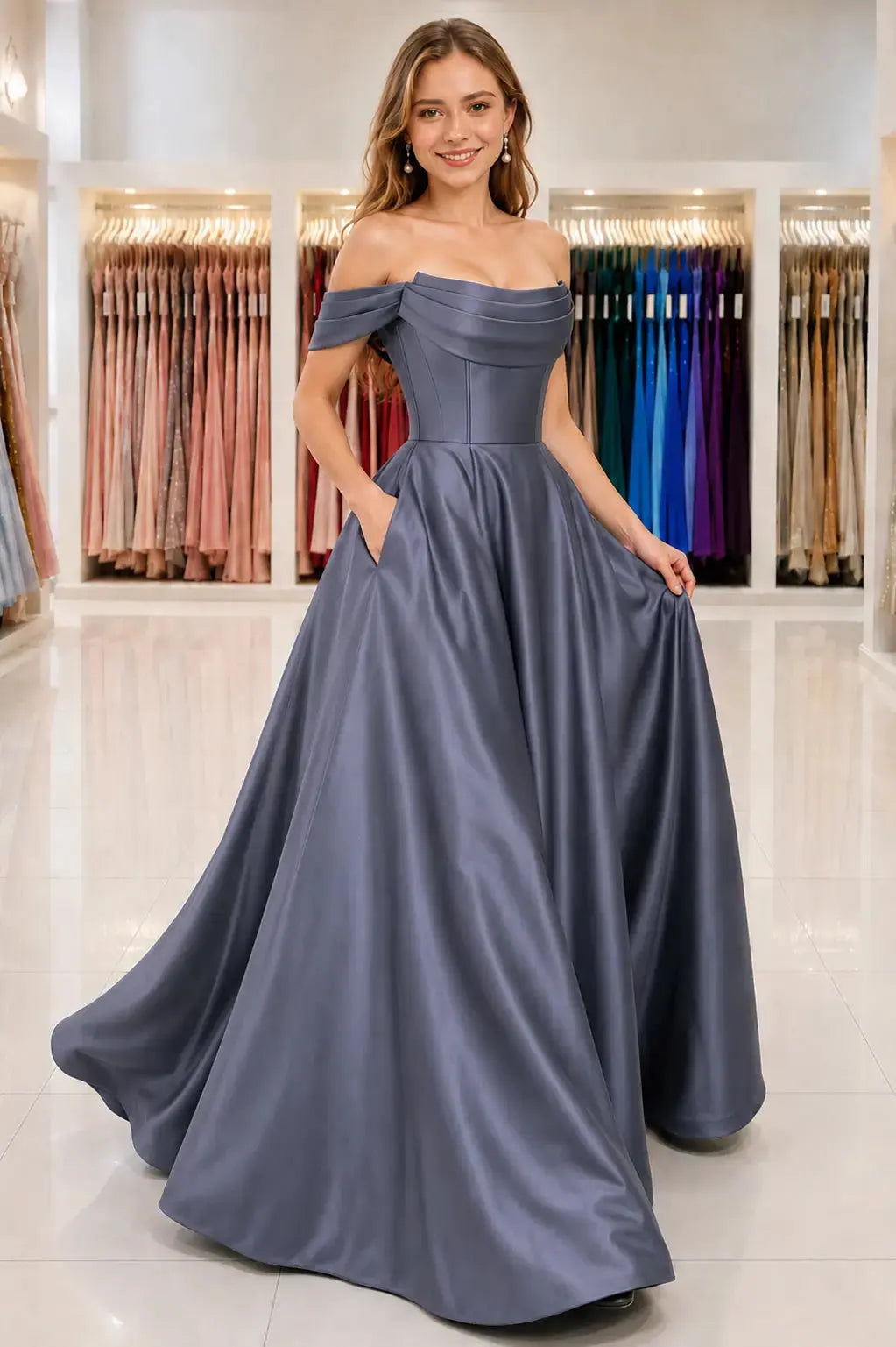 A-Line Satin Long Prom Dress, Simple Off the Shoulder Evening Party Dress With Pockets KAIDRESS