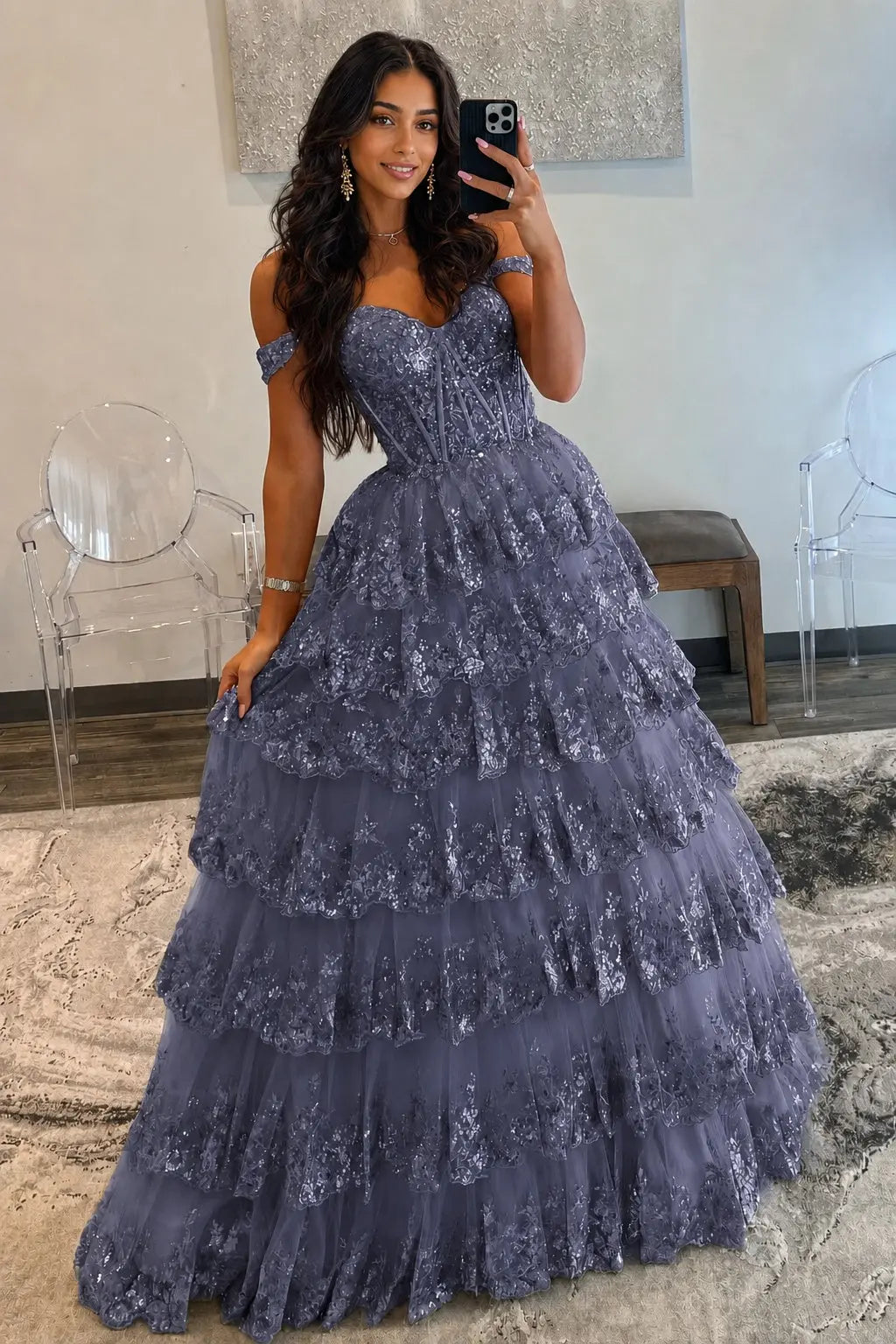 A-Line/Princess Princess Off the Shoulder Sequined Lace Prom Dress KAIDRESS