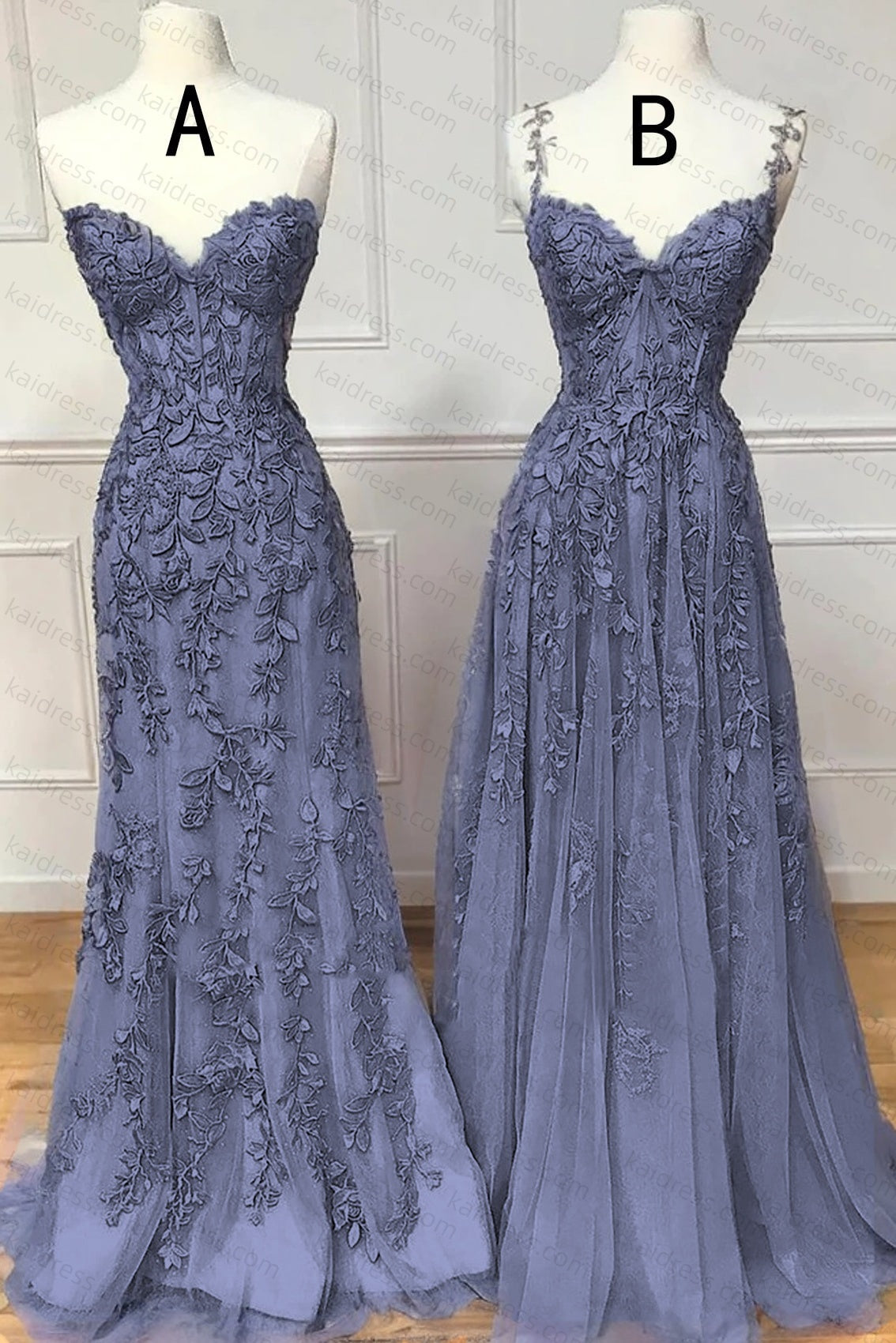 A-line Sweetheart Spaghetti Straps Sweep Train Lace Prom Dress With Beading