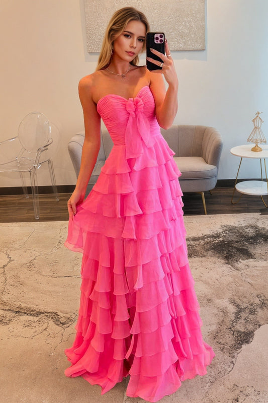 Strapless Chiffon Fuchsia Tiered Prom Dresses Slit Formal Evening Gown
