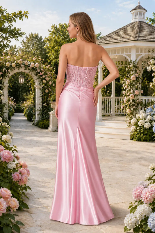 Strapless Satin Prom Dress Beaded Applique Formal Gown With Slit
