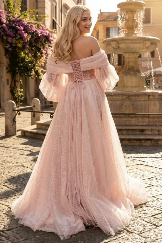 Strapless Tulle Slit Pink Prom Dress Long Sleeve Formal Evening Gowns